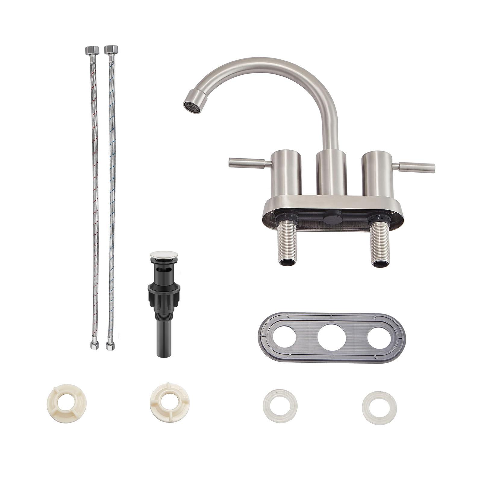 Brushed Nickel Bathroom Faucet, 2 Handle Bathroom Sink Faucets Centerset, 360° Swivel High-Arc Spout Modern 4 inch Bath Faucet for Vanity Lavatory with Pop-up Drain & Water Hoses - Image 4