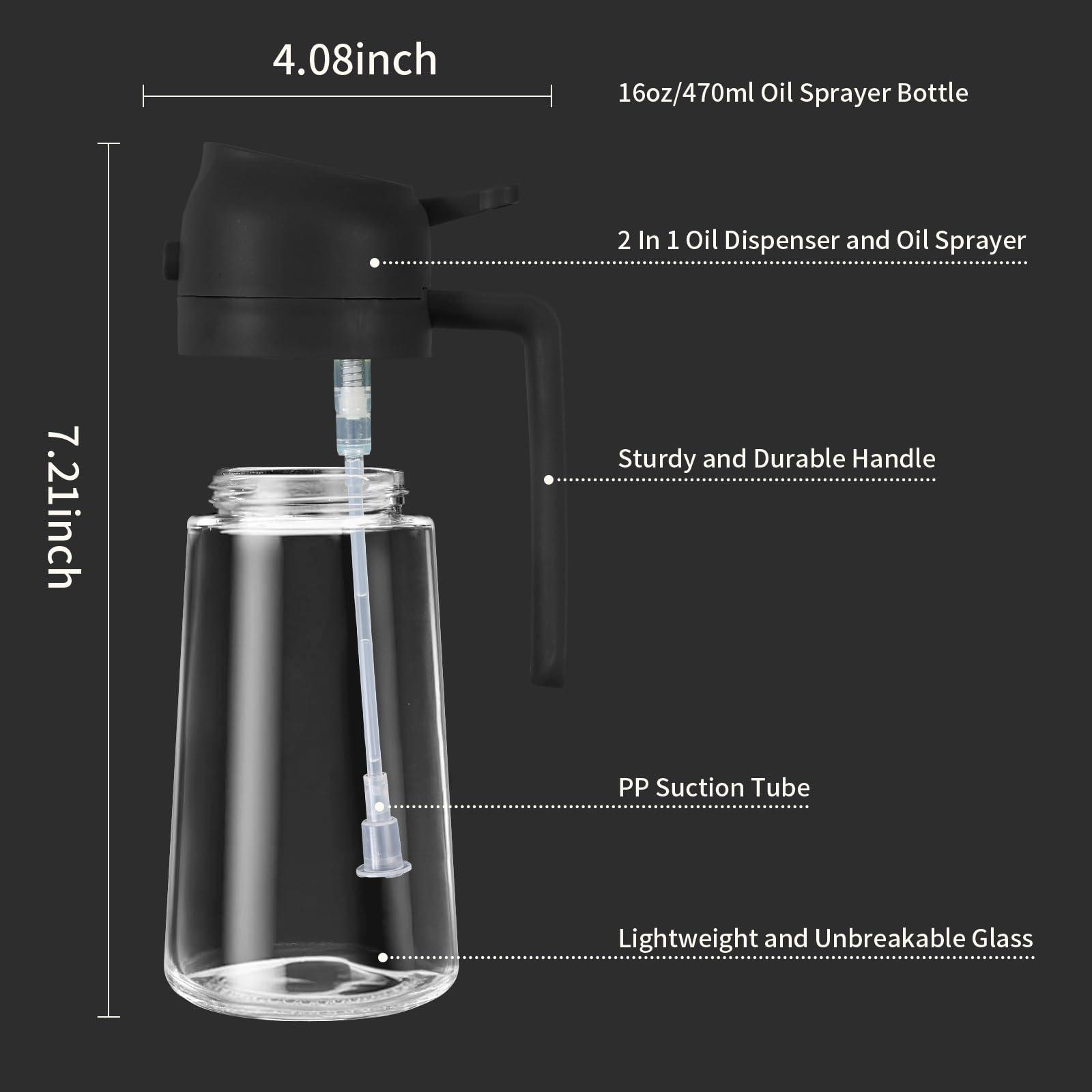 2 in 1 Oil Dispenser and Oil Sprayer, 470ml Dispenser Bottle Spray and Pour, Glass Olive Oil Sprayer for Cooking, Food-Grade Oil Spray Bottle Mister Spritzer for BBQ, Air Fryer, Kitchen (Black) - Image 3