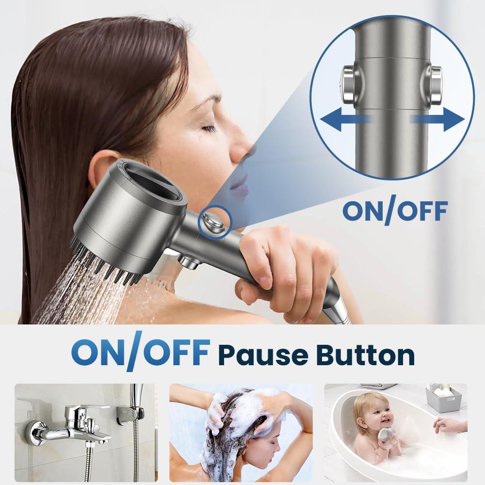 JOMST Filtered Shower Head with Handheld,High Pressure Shower Head 4 Spray Modes,ShowerHead with ON/OFF Switch for Pets,Built-in Power Wash to Clean Tub,Shower Heads Combo with Stainless Steel Hose - Image 6