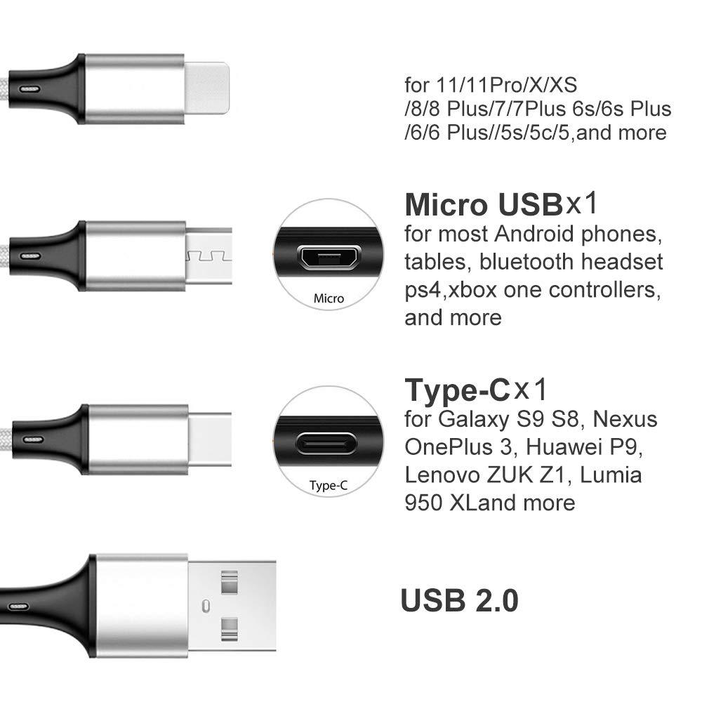 Multi Charging Cable, 5ft 3Pack Multi Charger Cable Nylon Braided Multiple USB Universal 3 in 1 Charging Cord Adapter with Type-C, Micro USB Port Connectors for Cell Phones and More - Image 3