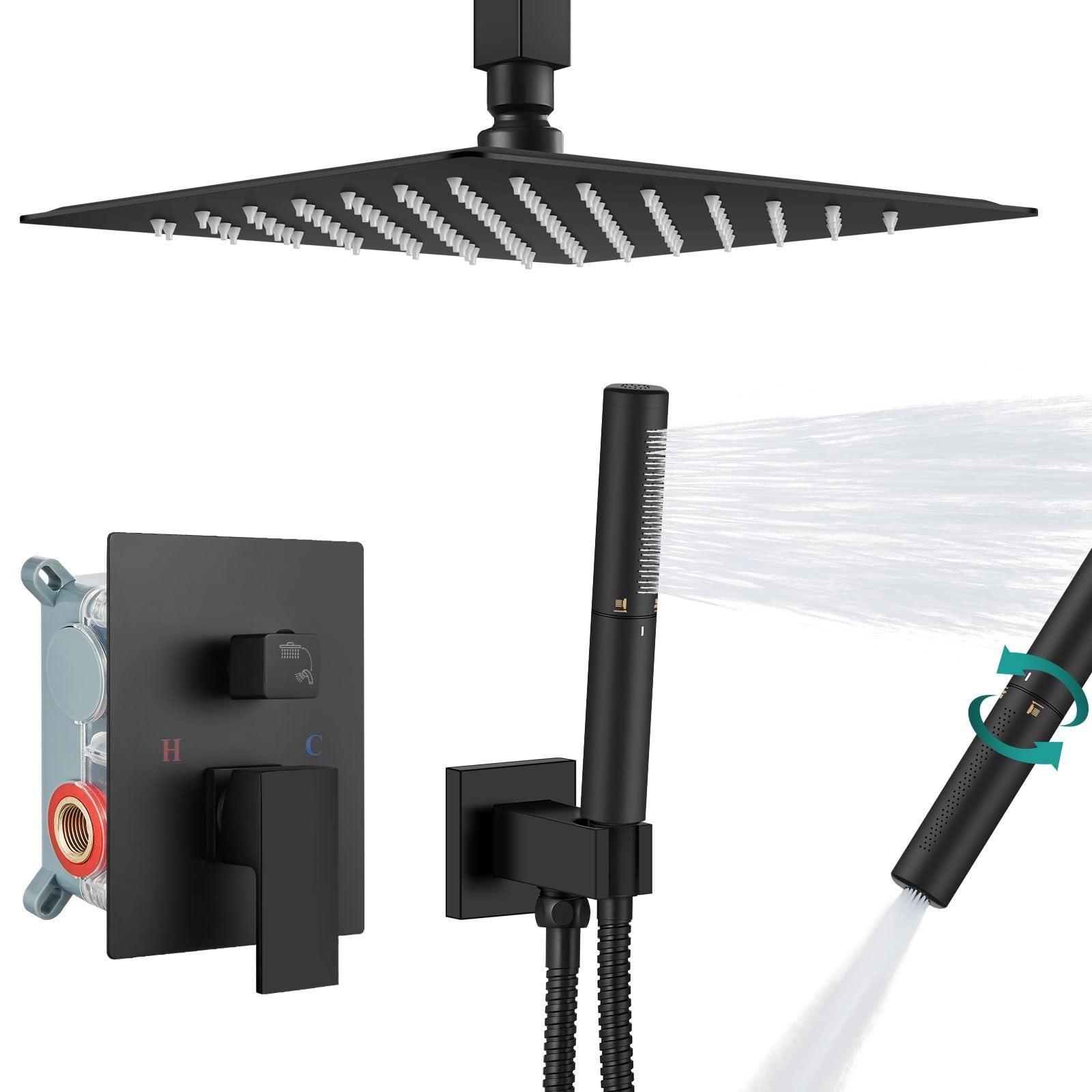 Aolemi Ceiling Mount Shower System with Rainfall Shower Head and Handheld,High Pressure Shower Faucet Set Fixture Combo with 2 in 1 Handheld Spray Rough-in Valve,12 Inch Shower Head Matte Black