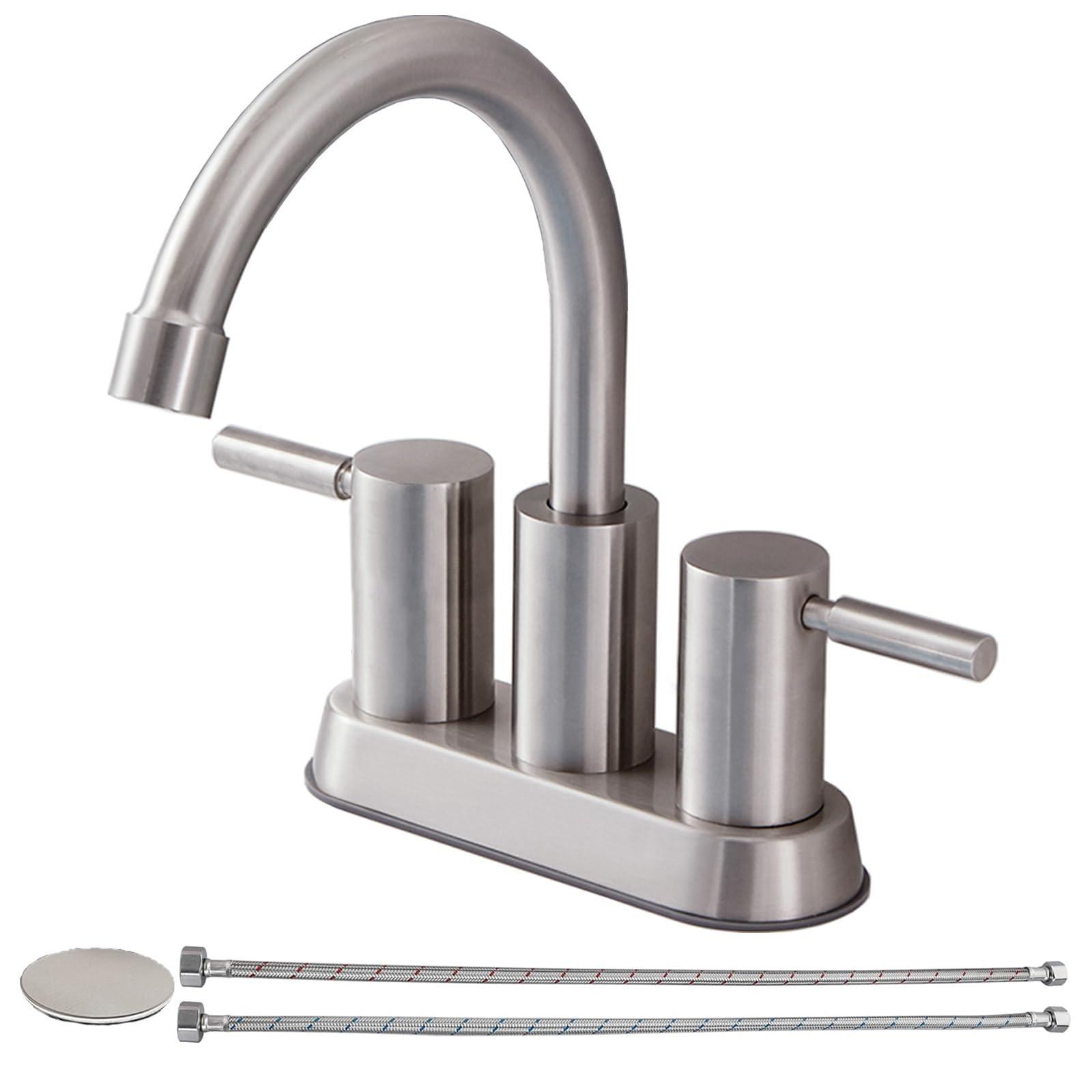 Brushed Nickel Bathroom Faucet, 2 Handle Bathroom Sink Faucets Centerset, 360° Swivel High-Arc Spout Modern 4 inch Bath Faucet for Vanity Lavatory with Pop-up Drain & Water Hoses