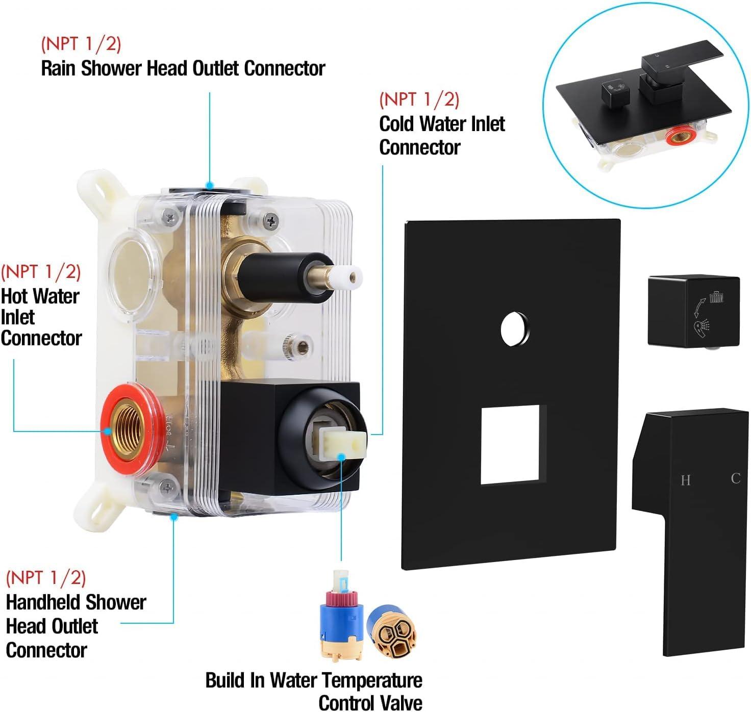 Qomolangma 10 inch Rain Shower System, Black Shower Faucet Set with Pressure Balance Valve, Wall Mounted 2-Functions Bathroom Shower Systems with Rain Shower and Handheld Spray Shower Trim Included - Image 6