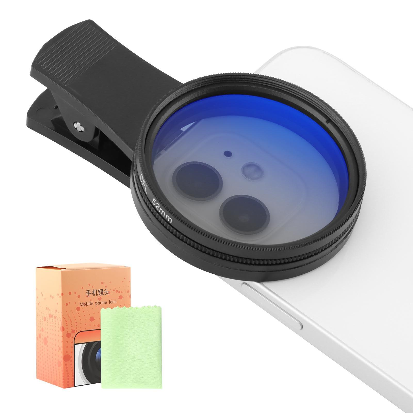 52MM Clip-on CPL Phone Camera Lens Filter Kit, Clip On Polarizer Phone Camera Lens Accessories Ultra Slim Phone Camera Lens Filter with Cleaning Cloth Works with Most Smartphones(Black)