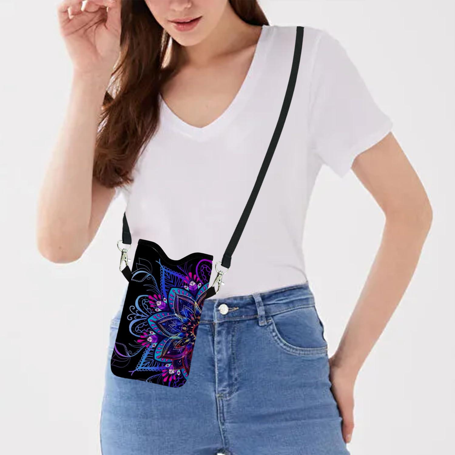 otilil Neoprene Cell Phone Sleeve Pouch Case Bag with Crossbody Strap Neck Lanyard for Women 7.1 X 3.9 in Purple Flower - Image 5