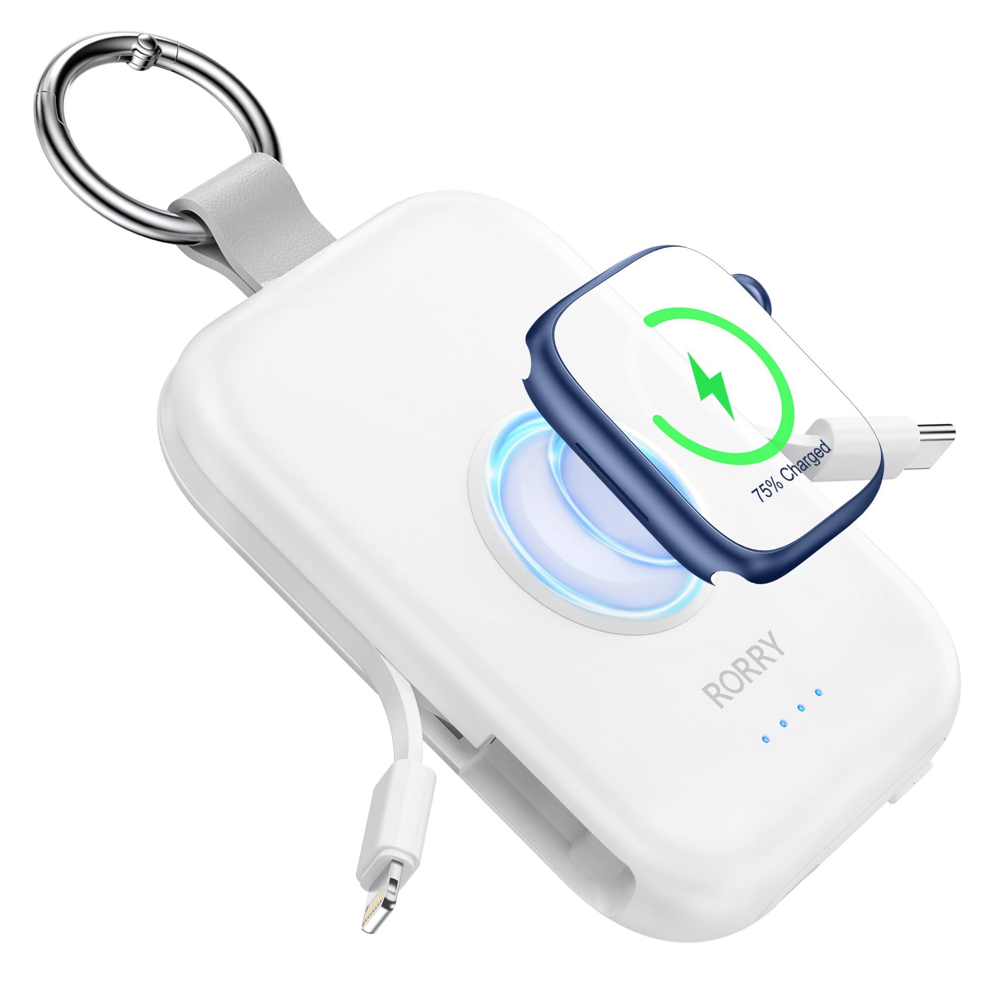 RORRY Portable Charger, 5000mAh Portable Charger Power Bank with Built-in Cables, Travel Keychain Battery Pack for Apple Watch Ultra 2/9/8/Ultra/7/6/SE/5, iPhone 16/15/14/13/12, White