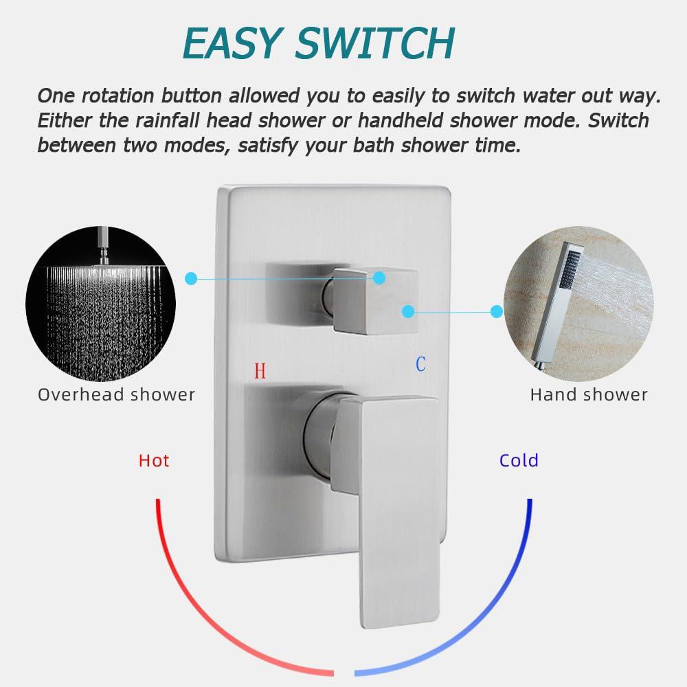 JingGang 12 Inch Ceiling Mount Brushed Nickel Shower System Bathroom Luxury Rain Mixer Shower Combo Set Ceiling Rainfall Shower Head System (Contain Shower Faucet Rough-in Valve Body and Trim) - Image 5