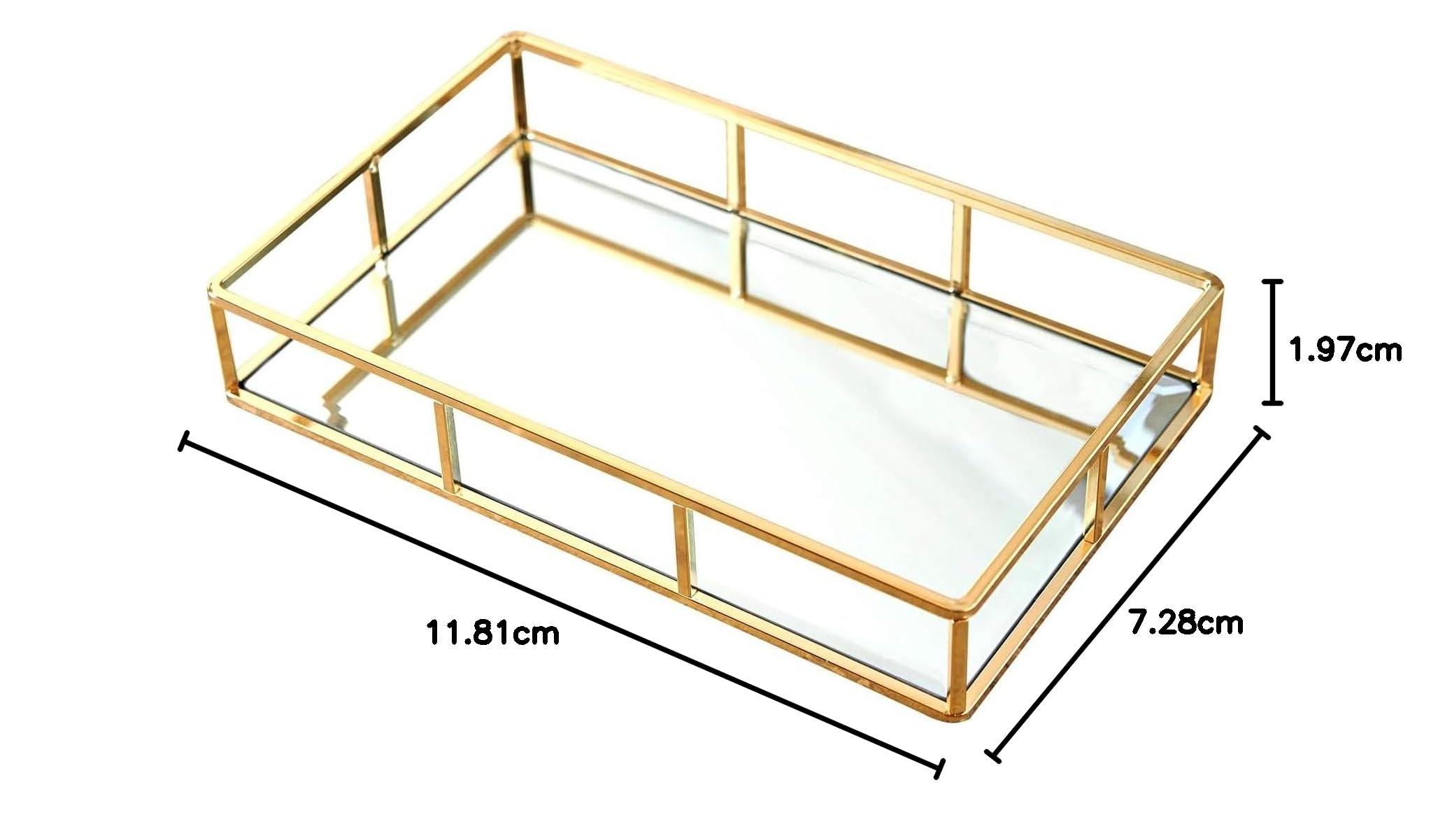 PuTwo Tray Mirror, Gold Dresser Ornate Tray Metal Decorative Tray Jewelry Perfume Organizer Makeup Tray for Vanity, Dresser, Bathroom, Bedroom - Image 3