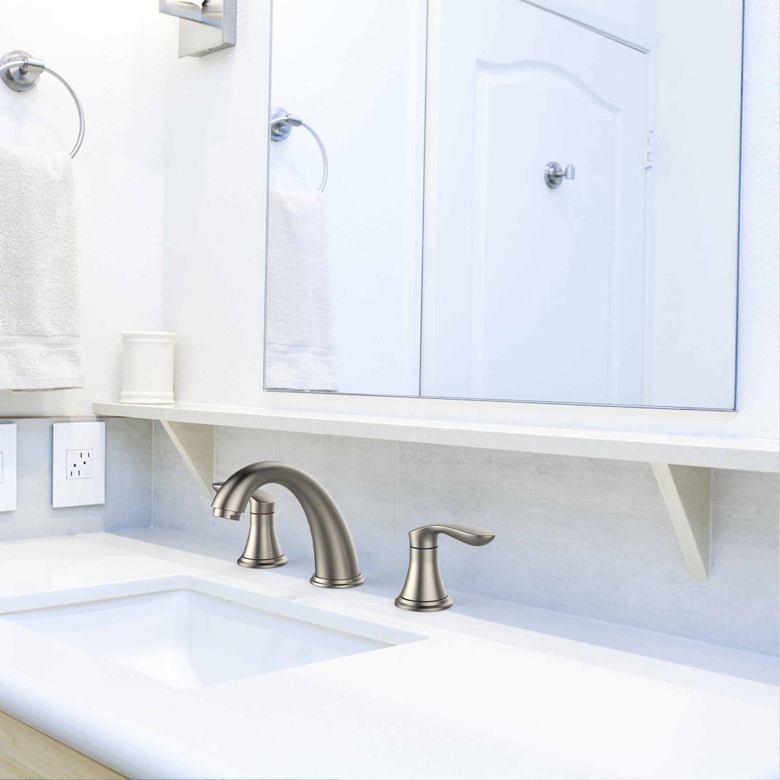 Bathroom Sink Faucet, Faucet for Bathroom Sink, Widespread Brushed Nickel Bathroom Faucet 3 Hole with Stainless Steel Pop Up Drain and cUPC Lead-Free Hose - (Brushed Nickel) - Image 2
