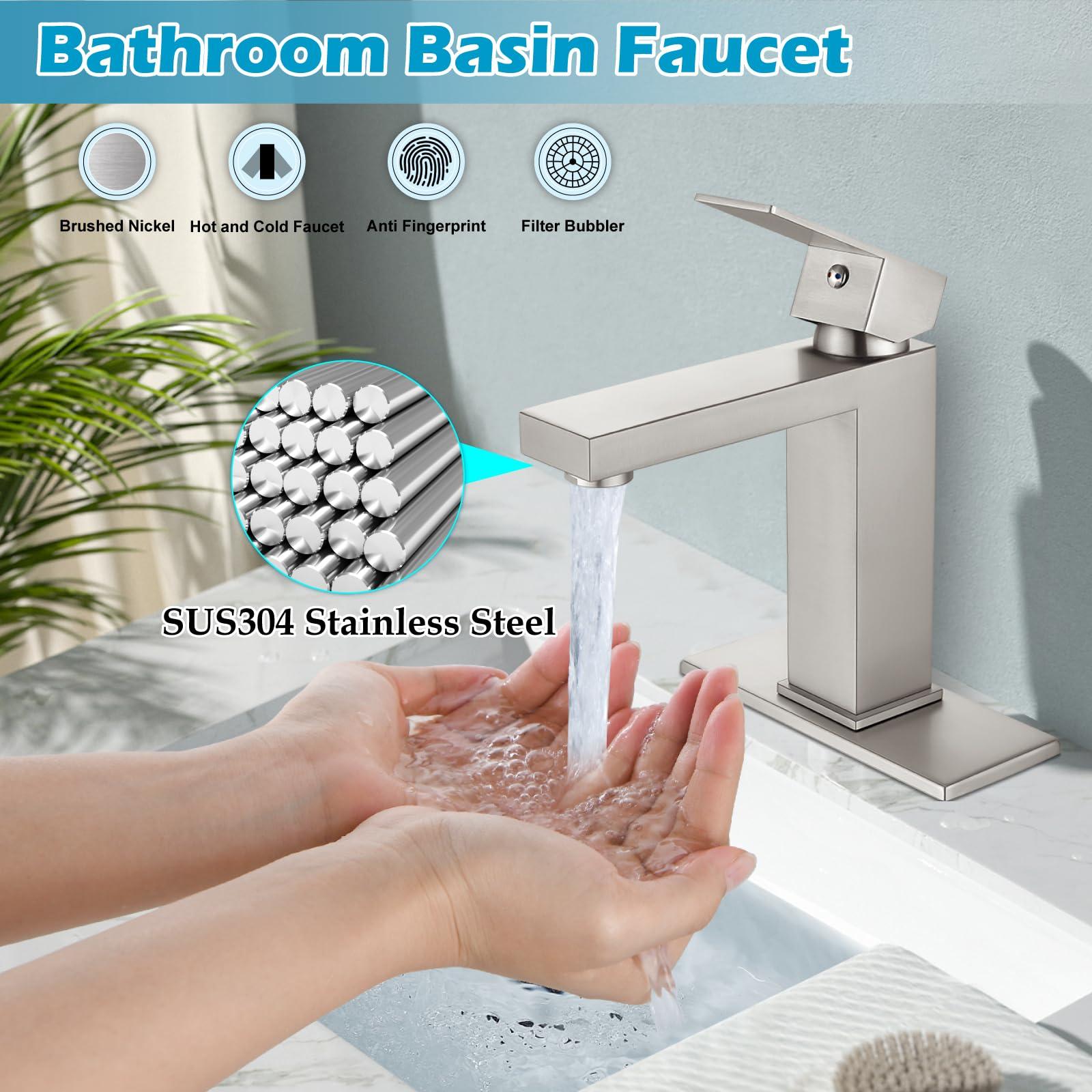 Midanya Bathroom Sink Faucet 1 Hole Single Handle Deck Mount Lavatory Bathroom Faucet Include Cover Plate Stainless Steel Commercial,with Pop Up Drain,Brushed Nickel - Image 4
