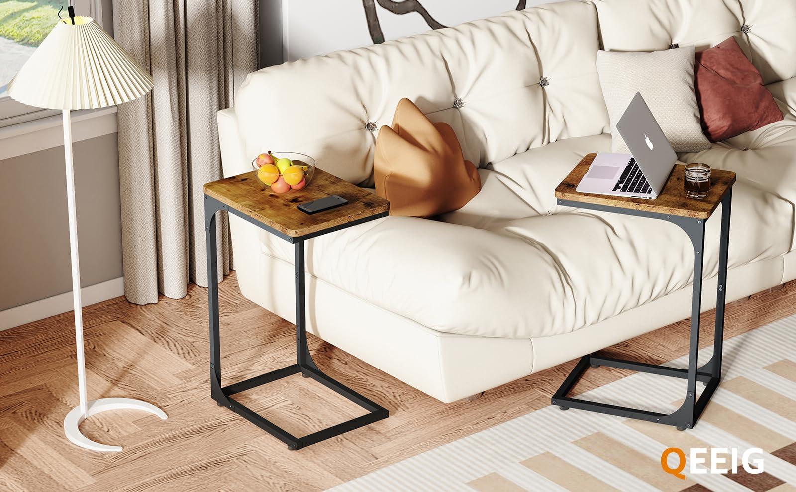 QEEIG C Table Side Table Set of 2 Living Room Sets C Shaped Couch Tray End Tables Farmhouse, Rustic Brown (017-30BN) - Image 9