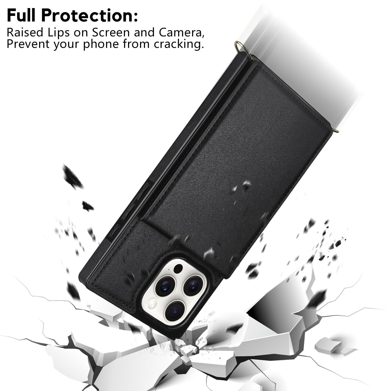 Vofolen for iPhone 16 Pro Max Case with Card Holder Crossbody Lanyard Strap Leather Wallet Case with Magnetic Clasp Kickstand Heavy Duty Protective Flip Cover for iPhone 16 Pro Max for Women, Black - Image 6
