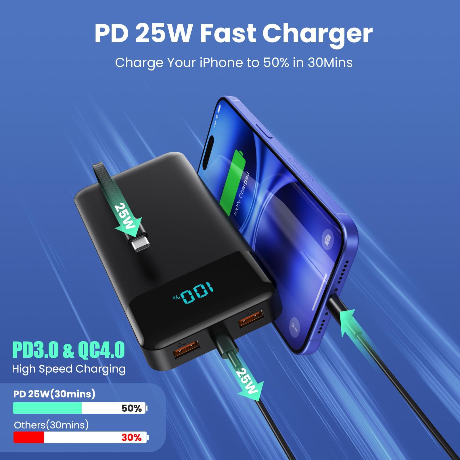 Portable Charger 40800mAh Power Bank with 3 Built-in Cable,25W PD USB C in&Out Power Bank Fast Phone Charging,QC4.0 LED Display Portable Battery Pack Compatible with iPhone 16/15, Galaxy Android-Black - Image 3