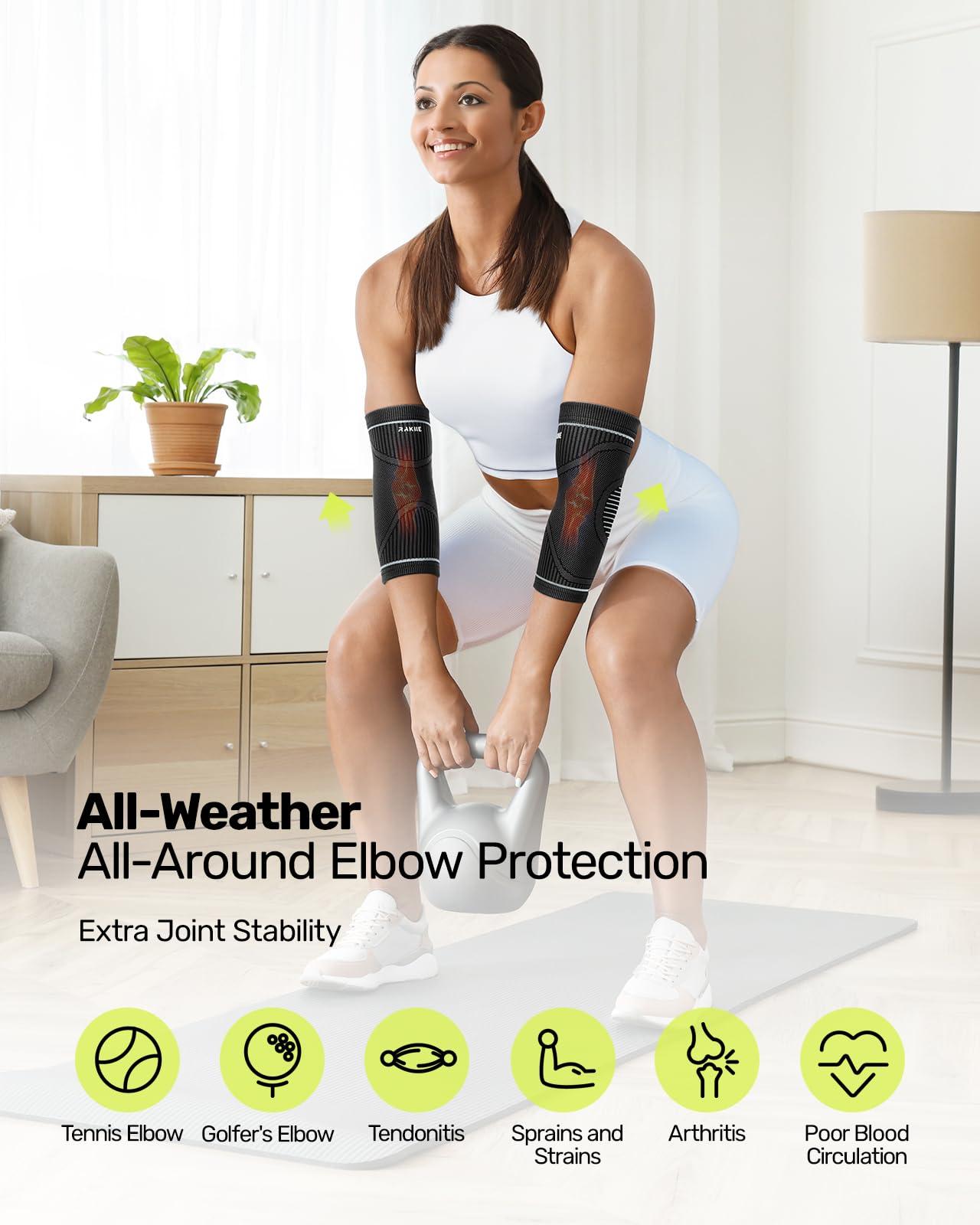 Rakiie Elbow Compression Sleeve 2 Pack, High Elastic Elbow Brace for Tendonitis and Tennis Elbow for Women & Men, Elbow Sleeve for Tennis, Golfer, Badminton, Weightlifting, Black M - Image 4