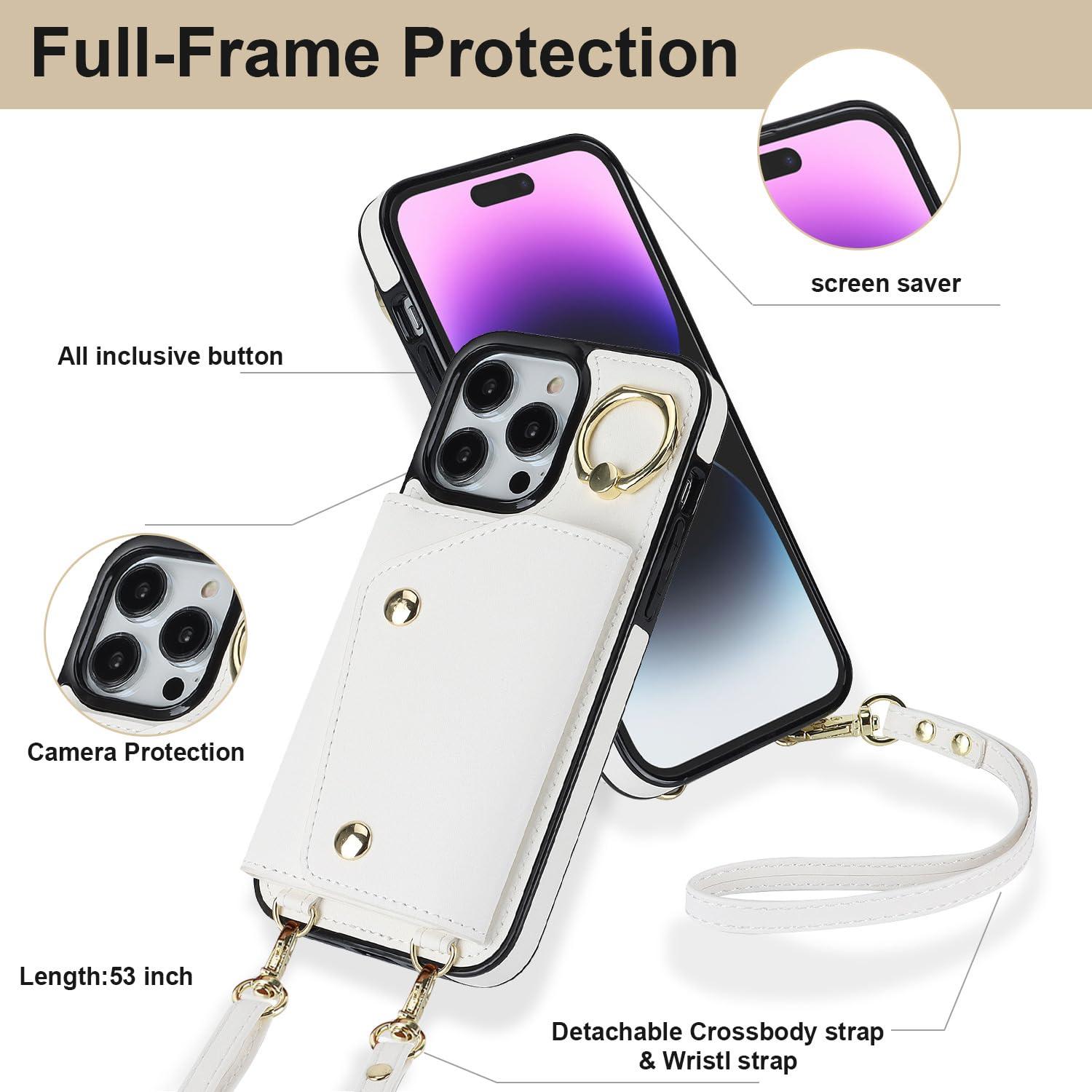 LUVI Compatible with iPhone 16 Pro Wallet Case with Card Holder Crossbody Neck Strap Lanyard Wrist Strap Purse for Women PU Leather Flip with Credit Card Kickstands Stand Cover White - Image 2