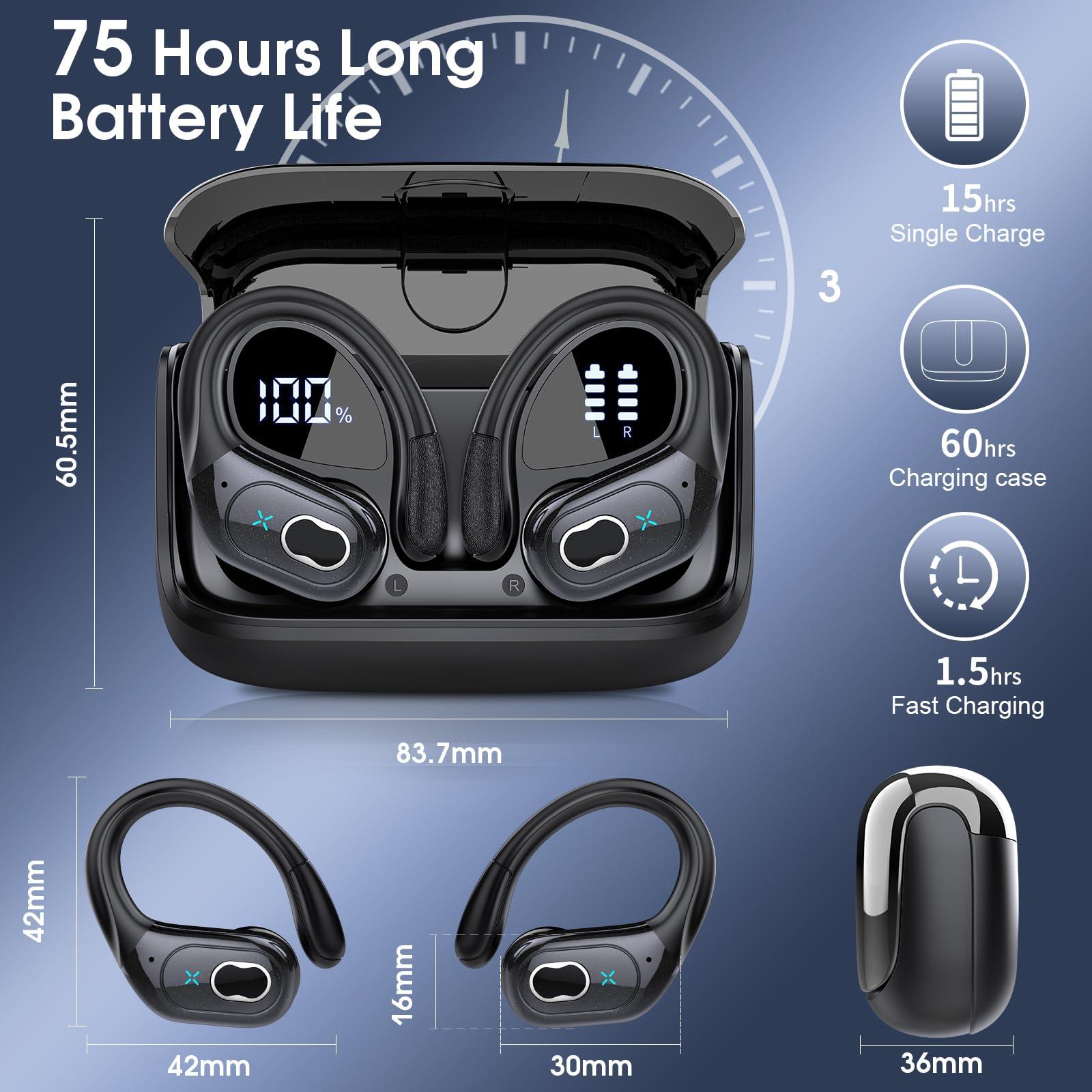 Wireless Earbuds 75hrs Bluetooth 5.4 Headphone Sport, 2025 Bluetooth Earbuds Stereo Deep Bass Over Ear Bud with Earhooks, ENC Noise Cancelling Mic, IPX7 Waterproof Earphone for Workout/Running - Image 4