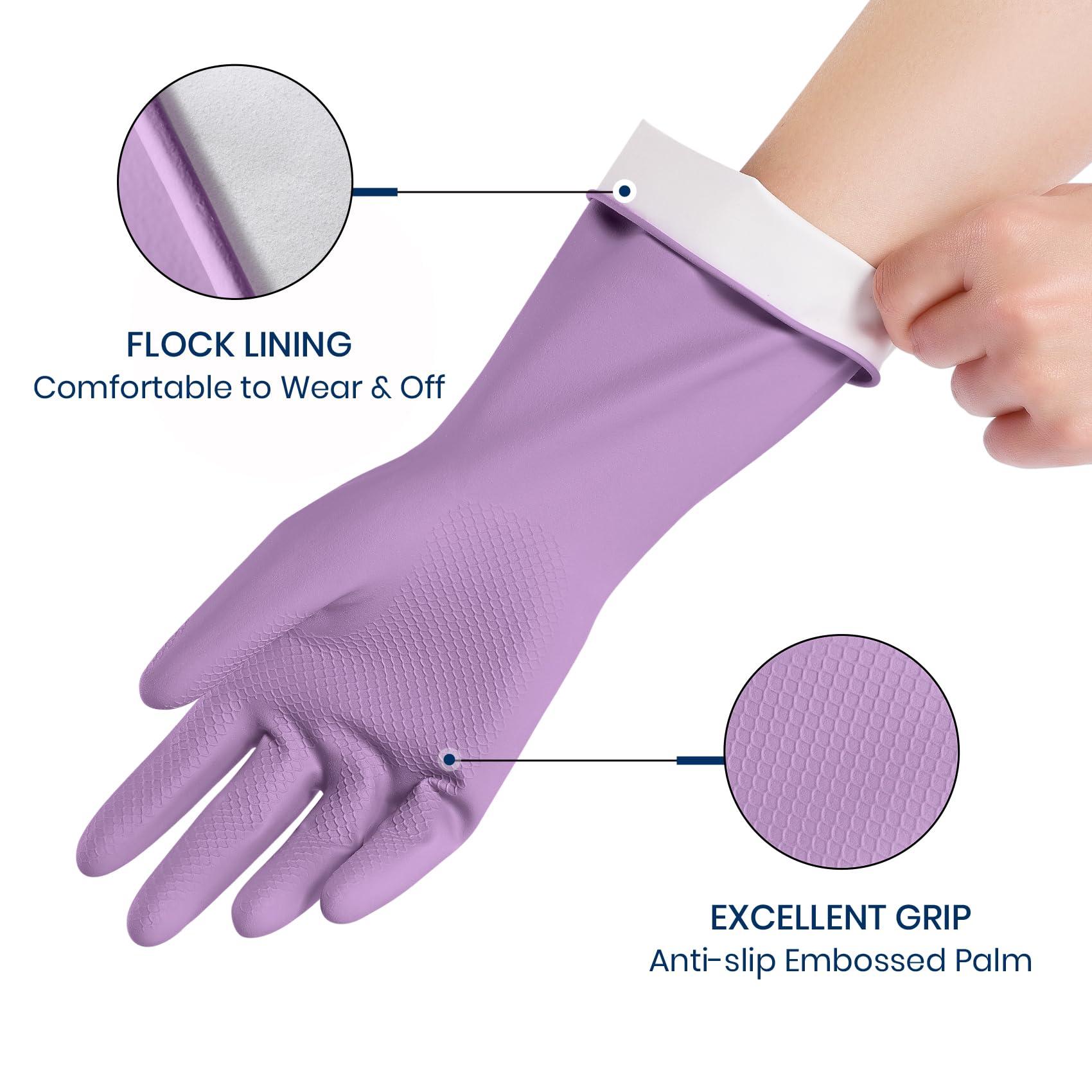 Rubber Cleaning Gloves for Dishwashing, 4 Pairs Reusable Kitchen Gloves for Washing Dishes and Household Cleaning, Colorful Dish Gloves with Flocked Lining and Non-Slip Grip, Pefect for Woman Men - L - Image 2