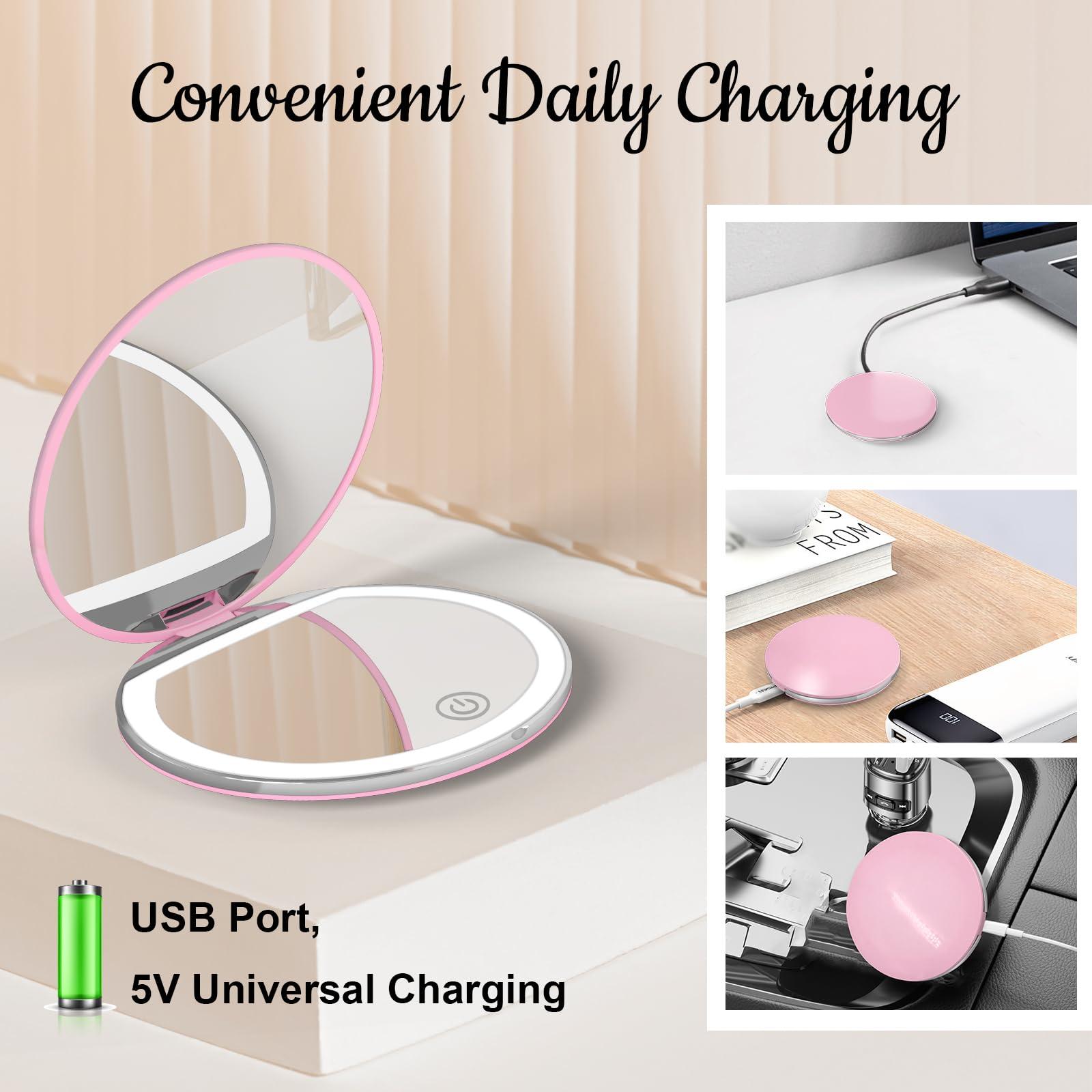 Kakuje Compact Mirror with Light, 1X/3X Magnification LED Pocket Mirror with USB Data Cable,Mini Mirror for Purse, Pocket,Travel and Present (Pink) - Image 8