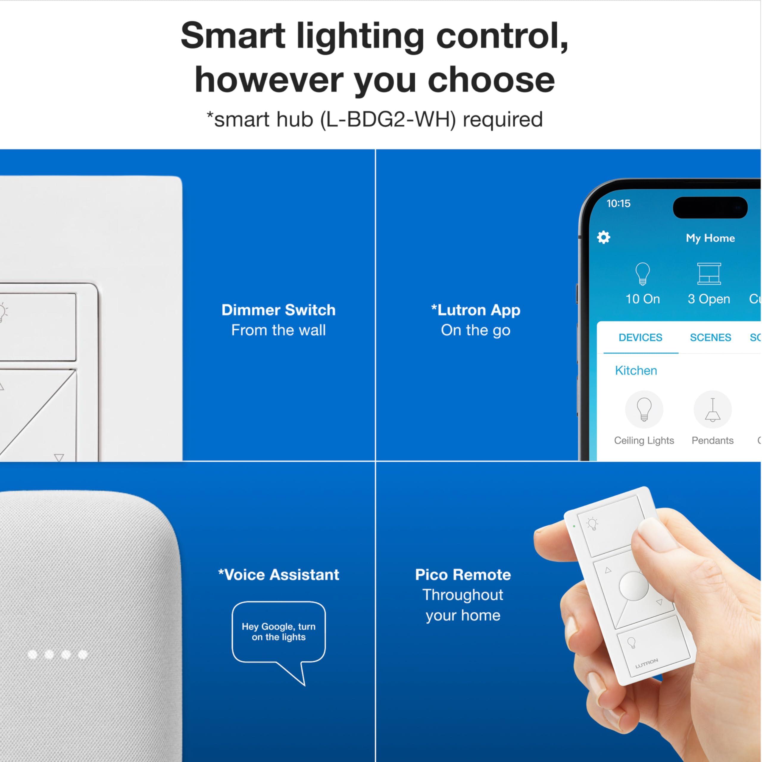 Lutron Caseta Original Smart Dimmer Switch Kit, 2 Dimmer Switches, 2 Wall Plates, 2 Pico Remotes, and Smart Hub, Works with Alexa, Apple Home, Google Home, 3 Way, 150W, No Neutral, P-BDG-PKG2W-A - Image 4