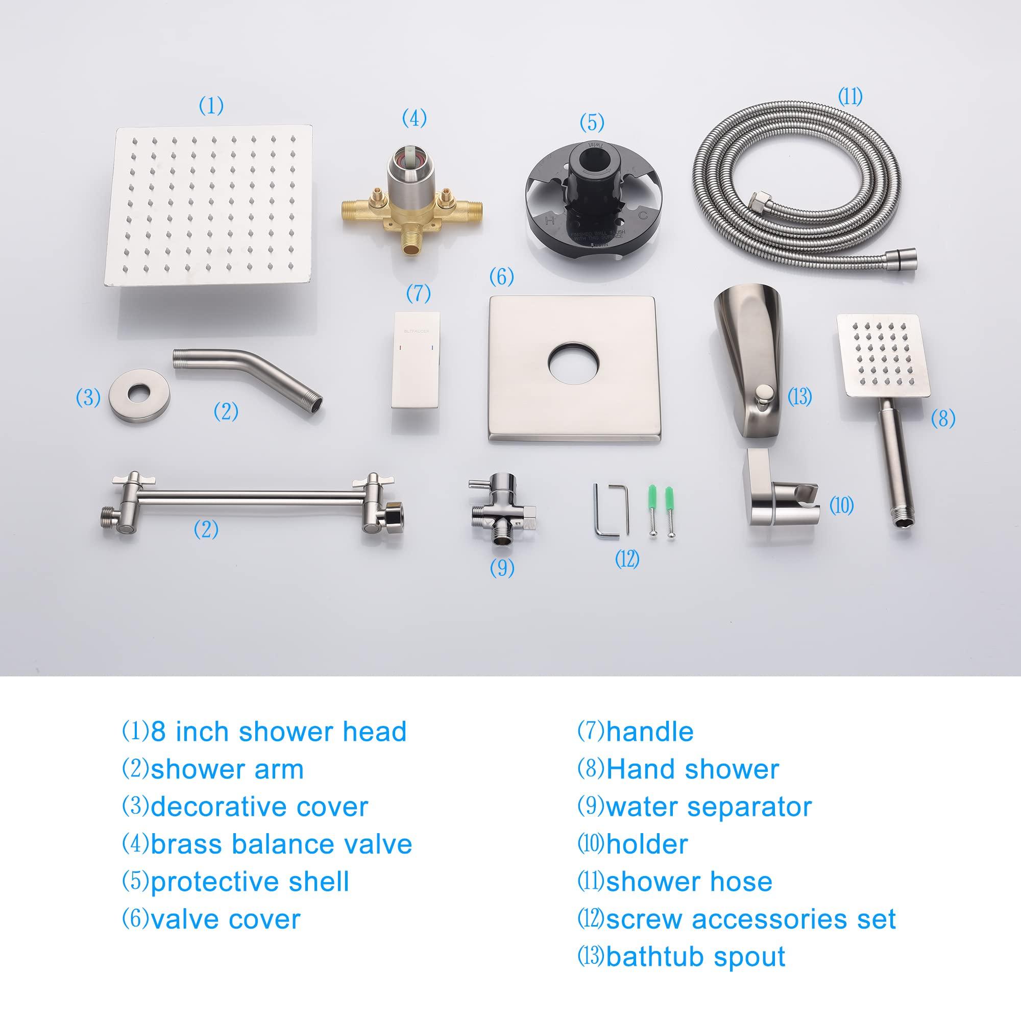 BLTFAUCER Tub Shower Faucet with 8 Inch Shower Head and Handheld, Shower Faucet Set Complete with Adjustable Extension Shower Arm, Tub Spout, Pressure Balance Rough-in Valve Included(Brushed Nickel) - Image 7