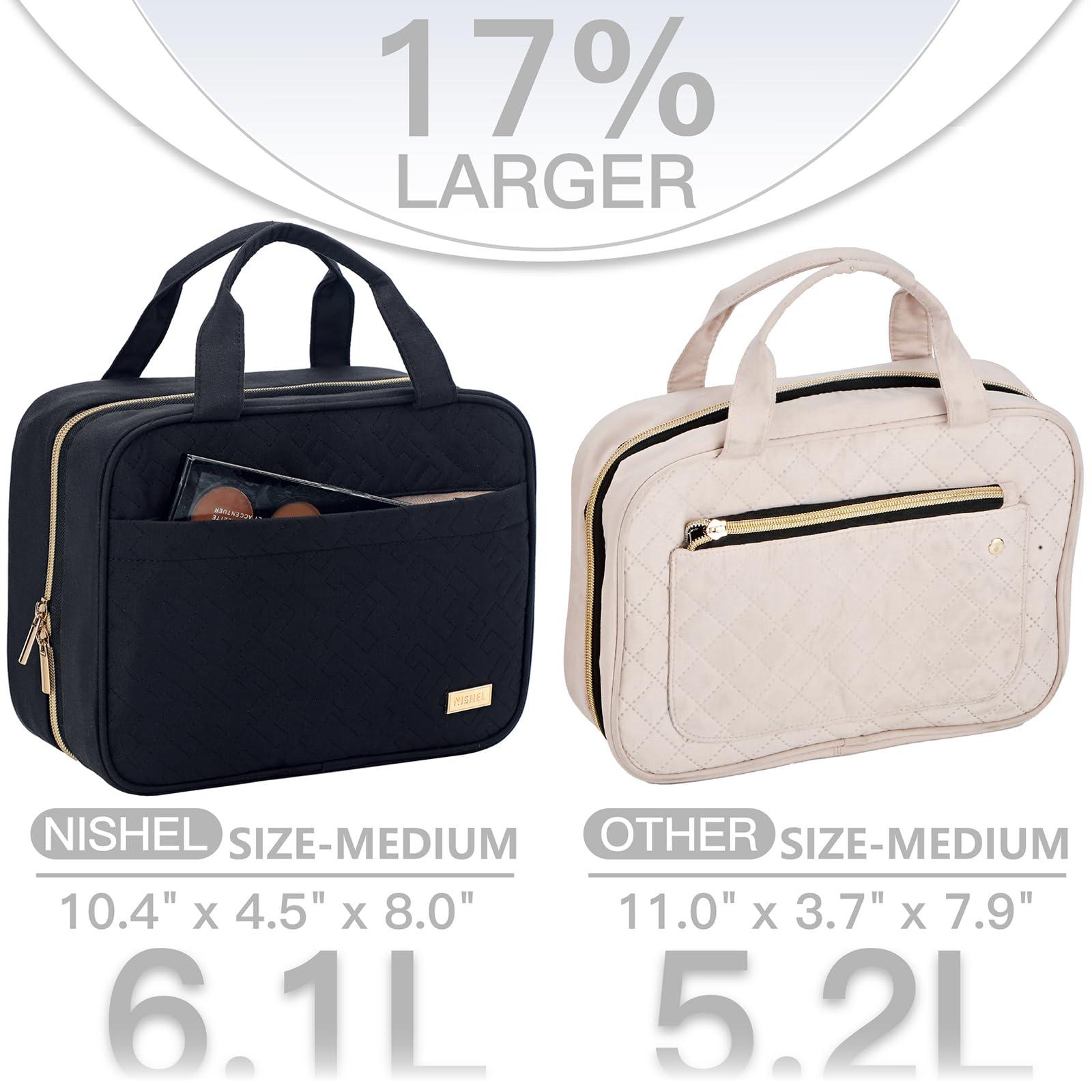 NISHEL Travel Toiletry Bag for women, Portable Hanging Organizer for Travel-Sized Shampoo, Conditioner, Brushes Set, makeup Accessories, Medium Size, Black - Image 3