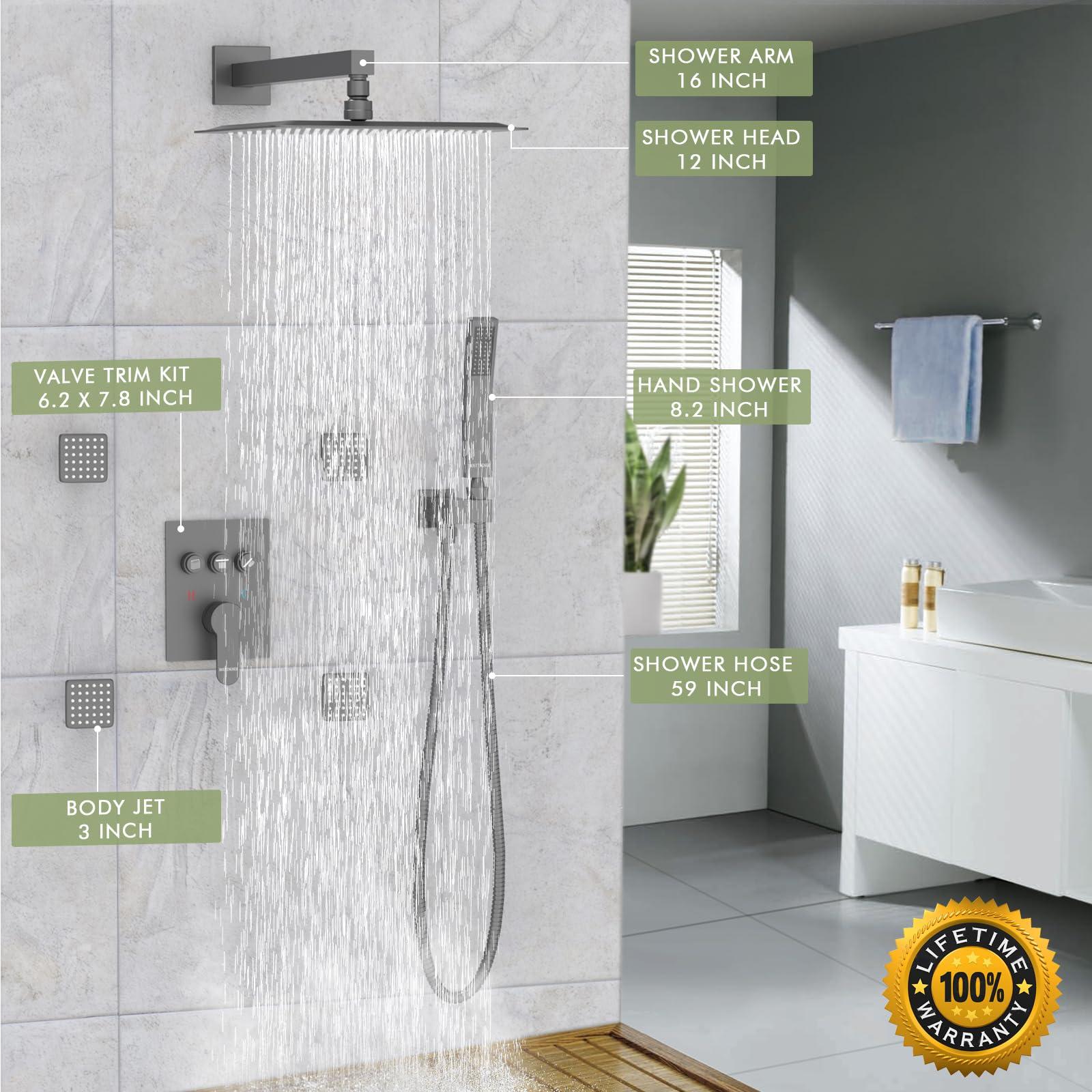Shower Faucets Sets Matte Black Shower System with Body Jets,Bostingner 12" Rain Shower Head with Handheld Spray,Can Use at Same Time,3 Way Push Button Diverter Shower Set with Valve Kit Complete - Image 6