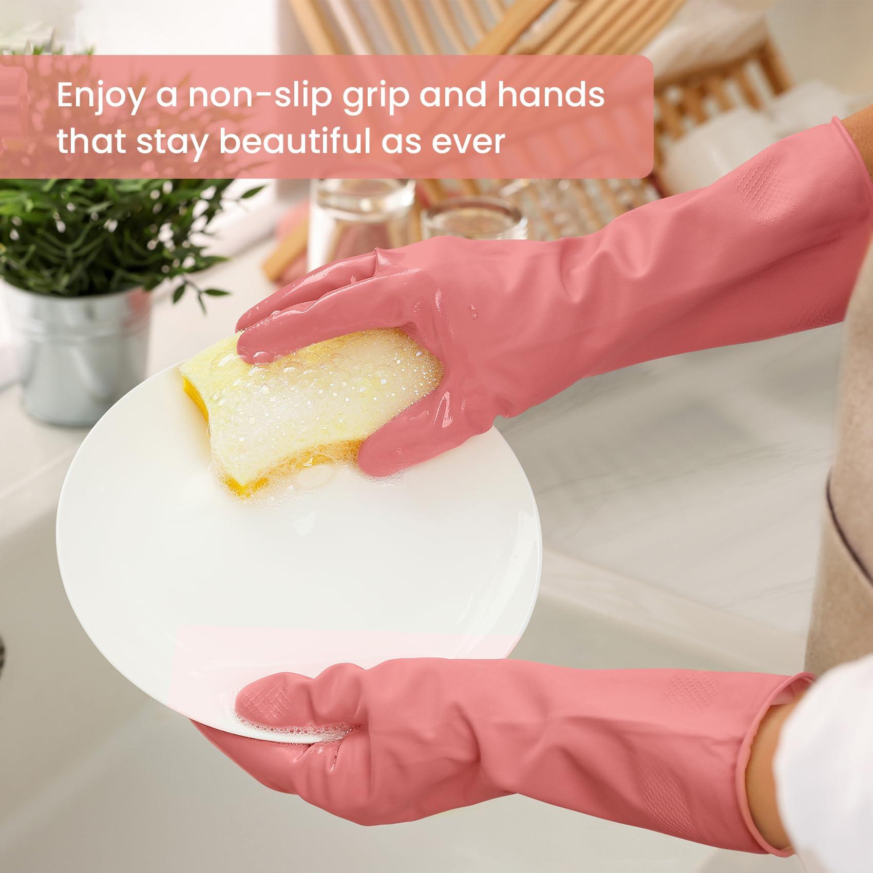 Rubber Cleaning Gloves for Dishwashing, 4 Pairs Reusable Kitchen Gloves for Washing Dishes and Household Cleaning, Colorful Dish Gloves with Flocked Lining and Non-Slip Grip, Pefect for Woman Men - L - Image 3