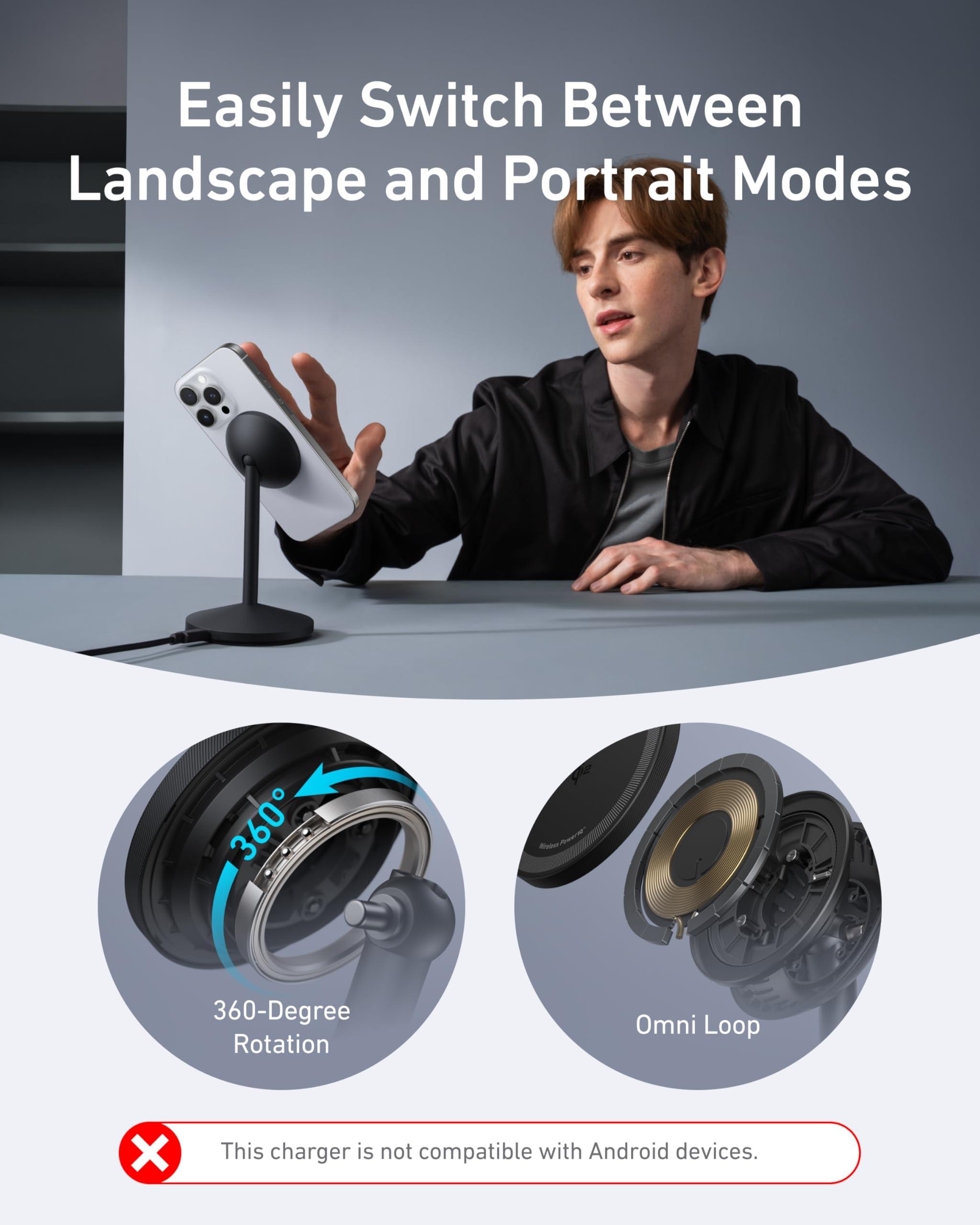 Anker MagGo iPhone 16 MagSafe-Compatible Wireless Charger Stand, 15W Fast Magnetic Wireless Charging Station, Qi2 Certified 360° Charger, for iPhone 16/15/14/13/12 Series and AirPods (No AC Adapter) - Image 5