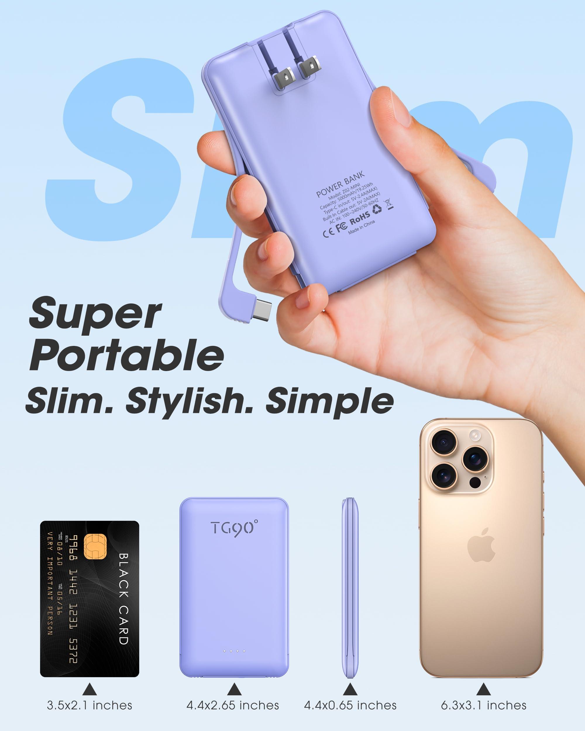 TG90° Portable Phone Charger Ultra Mini Power Bank with Built-in Foldable AC Wall Plug and Cables,5000mAh External Battery Pack Compatible with iPhone and Android Smart Devices - Image 5
