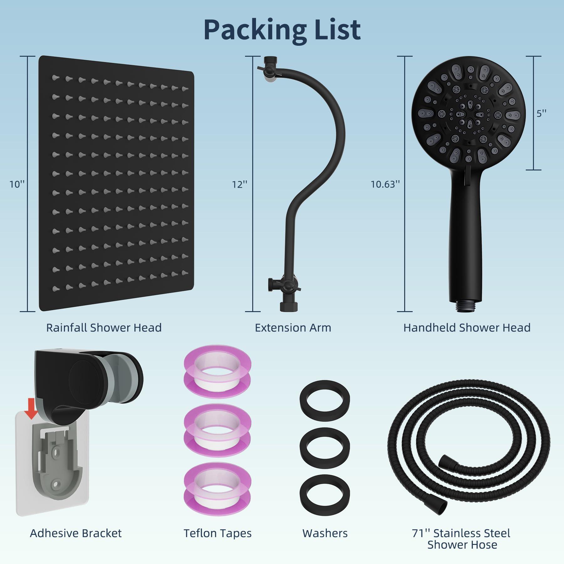 Hibbent All Metal High Pressure Rainfall 10 Inch Shower Head/Handheld Showerhead Combo/ 12 Inch Adjustable Curved Shower Extension Arm, 7-Spray, 71-inch Hose, Adhesive Showerhead Holder, Matte Black - Image 3