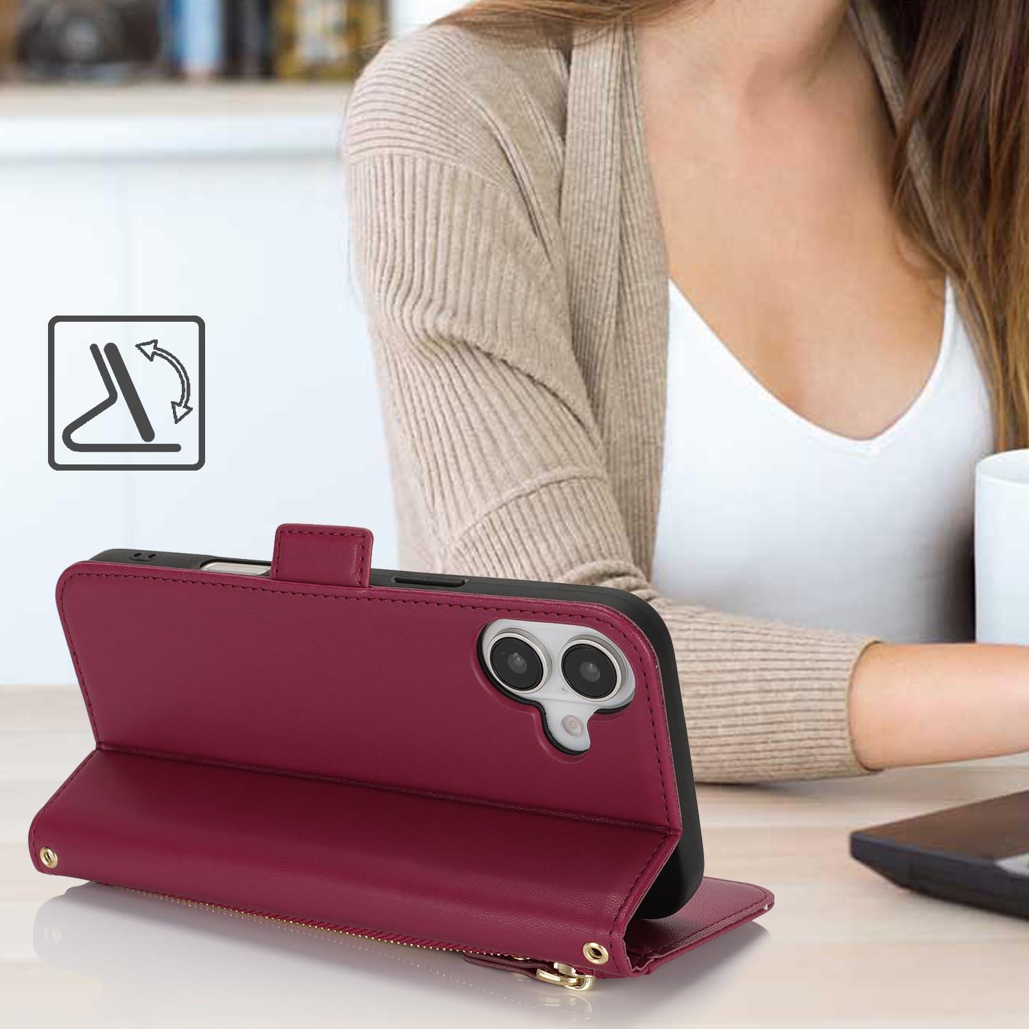 Lipvina for iPhone 16 Wallet Case for Women,Zipper Pocket,PU Leather Phone Case Stand flip Cover Crossbody Lanyard Strap Zipper Credit Card Holder Slots for Apple 16,Wine Red - Image 2