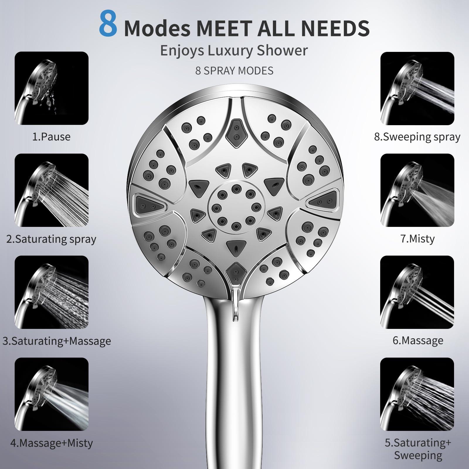 High Pressure 8-mode 5'' Handheld Shower Head with 5 ft Stainless Steel Hose and Adjustable Bracket, Built-in Power Wash to Clean Tub, Clean Corner,Tile & Pets - Image 2