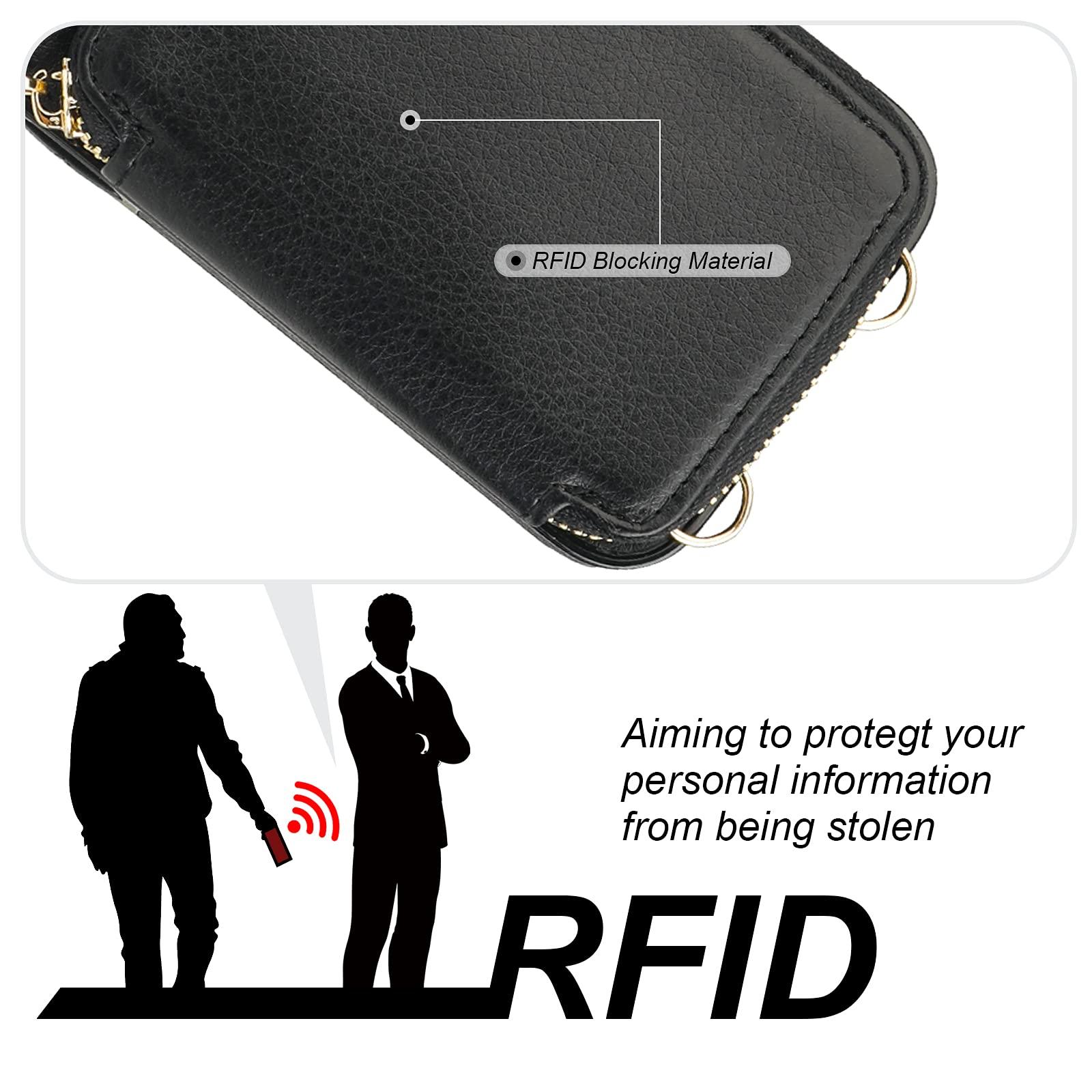 Bocasal RFID Blocking Wallet Case for iPhone 16, Adjustable Crossbody Zipper Purse Case Card Holder with Kickstand Detachable Wrist Strap, PU Leather Flip Folio Case 6.1 Inch 5G (Black) - Image 3
