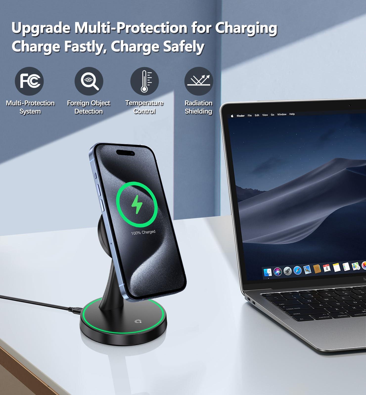 Magnetic Wireless Charger Stand 15W Fast Mag-Safe Charger for iPhone 16/16 Pro/16 Plus/16 Pro Max/15/14/13/12 Series Magnet Wireless Charging Station/Pad with Sleep-Friendly Light for AirPods - Image 4