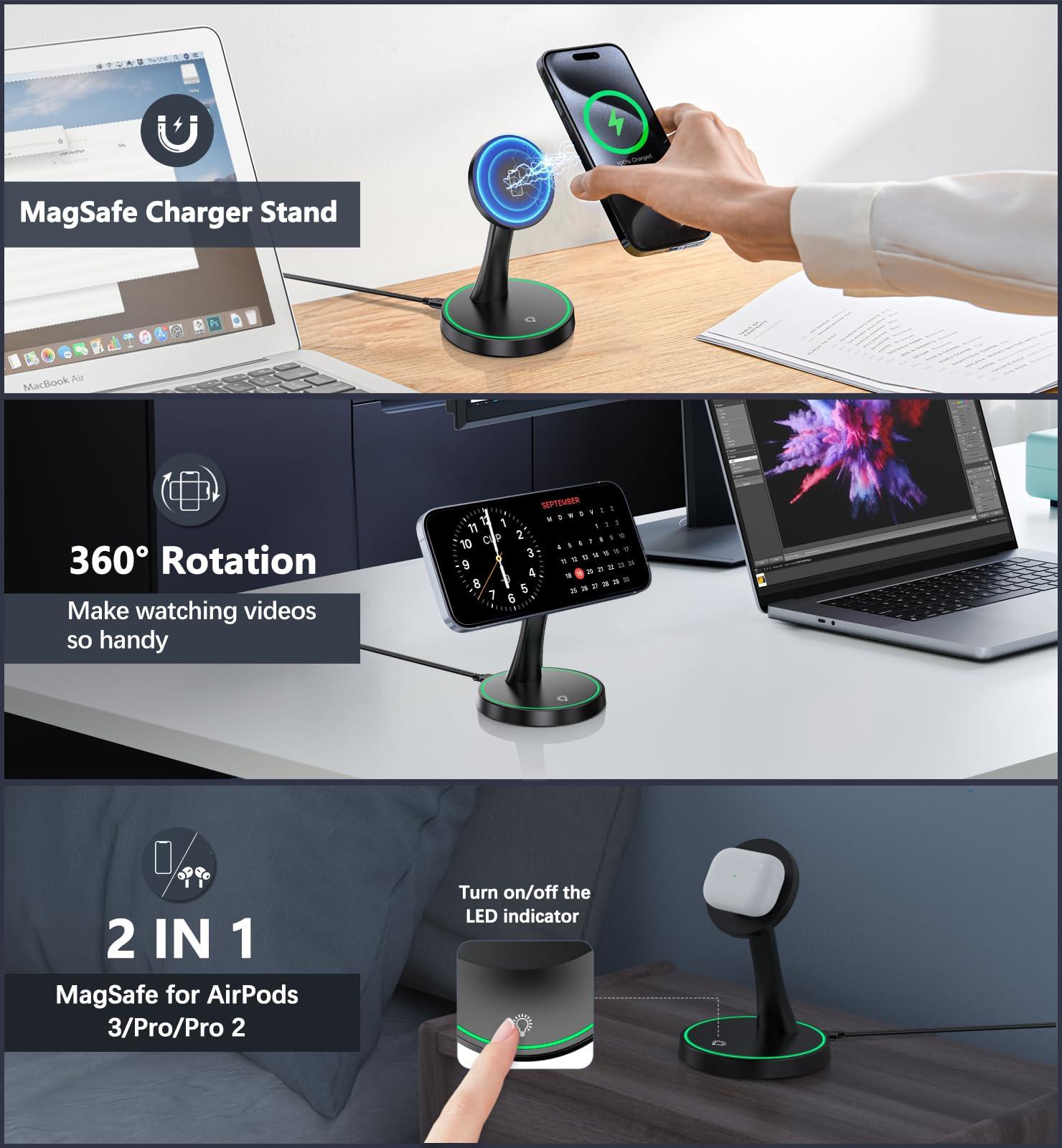 Magnetic Wireless Charger Stand 15W Fast Mag-Safe Charger for iPhone 16/16 Pro/16 Plus/16 Pro Max/15/14/13/12 Series Magnet Wireless Charging Station/Pad with Sleep-Friendly Light for AirPods - Image 2