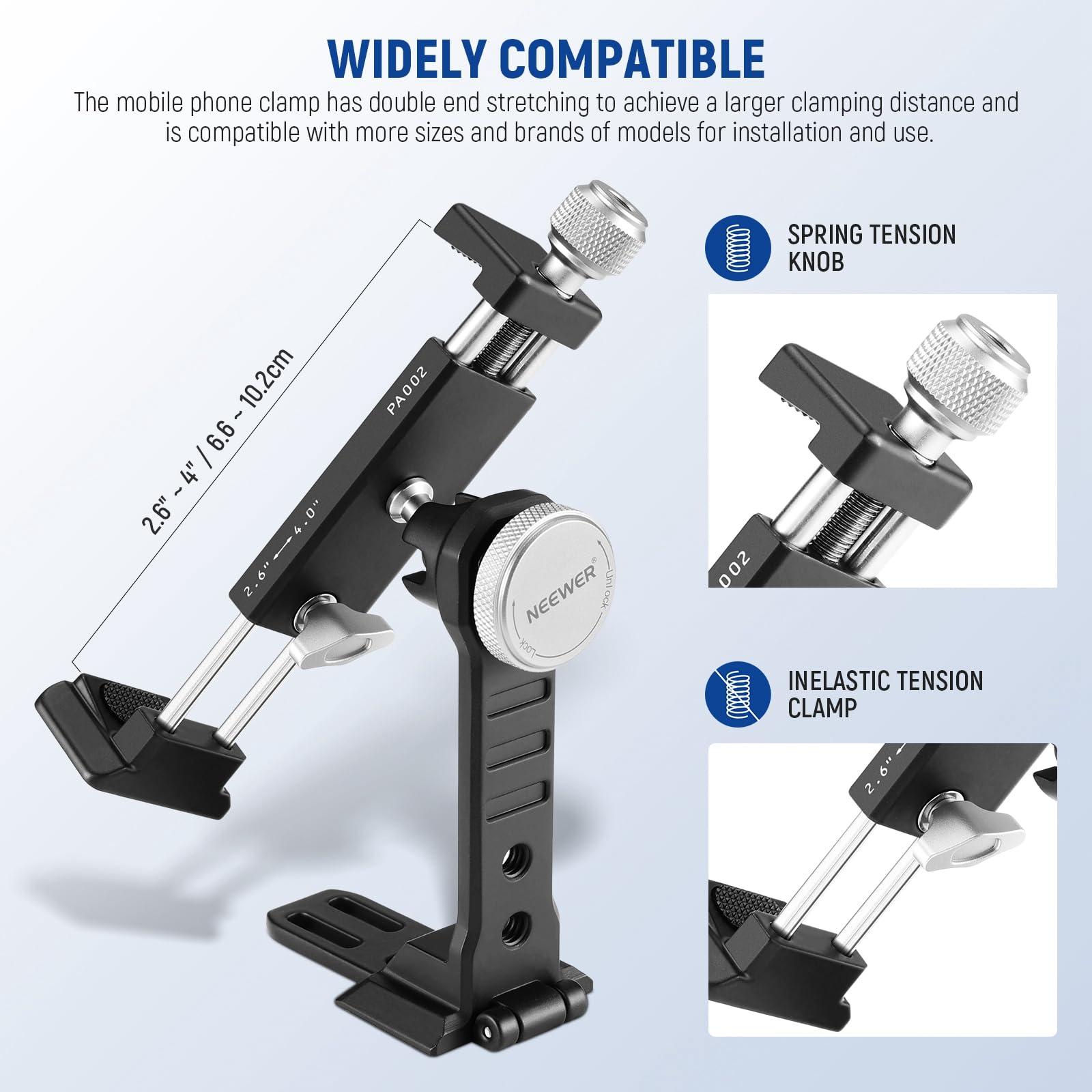 NEEWER Smartphone Tripod Mount Aluminum Alloy, 360° Rotatable Phone Stand Holder Clamp with Cold Shoe and Arca Base Compatible with iPhone 15 Pro Max Galaxy S24 Ultra Pixel & 2.6"-4" Wide Smartphones - Image 3
