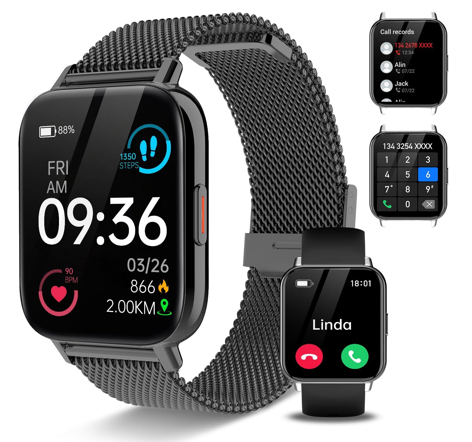 HXQHSTBG Smart Watches for Women Men(Answer/Dial Calls) 1.85" HD Fitness Step Tracker with Heart Rate Sleep Monitor, AI Voice Smart Watch IP68 Waterproof for Android/iOS, Black/2 Watch Straps