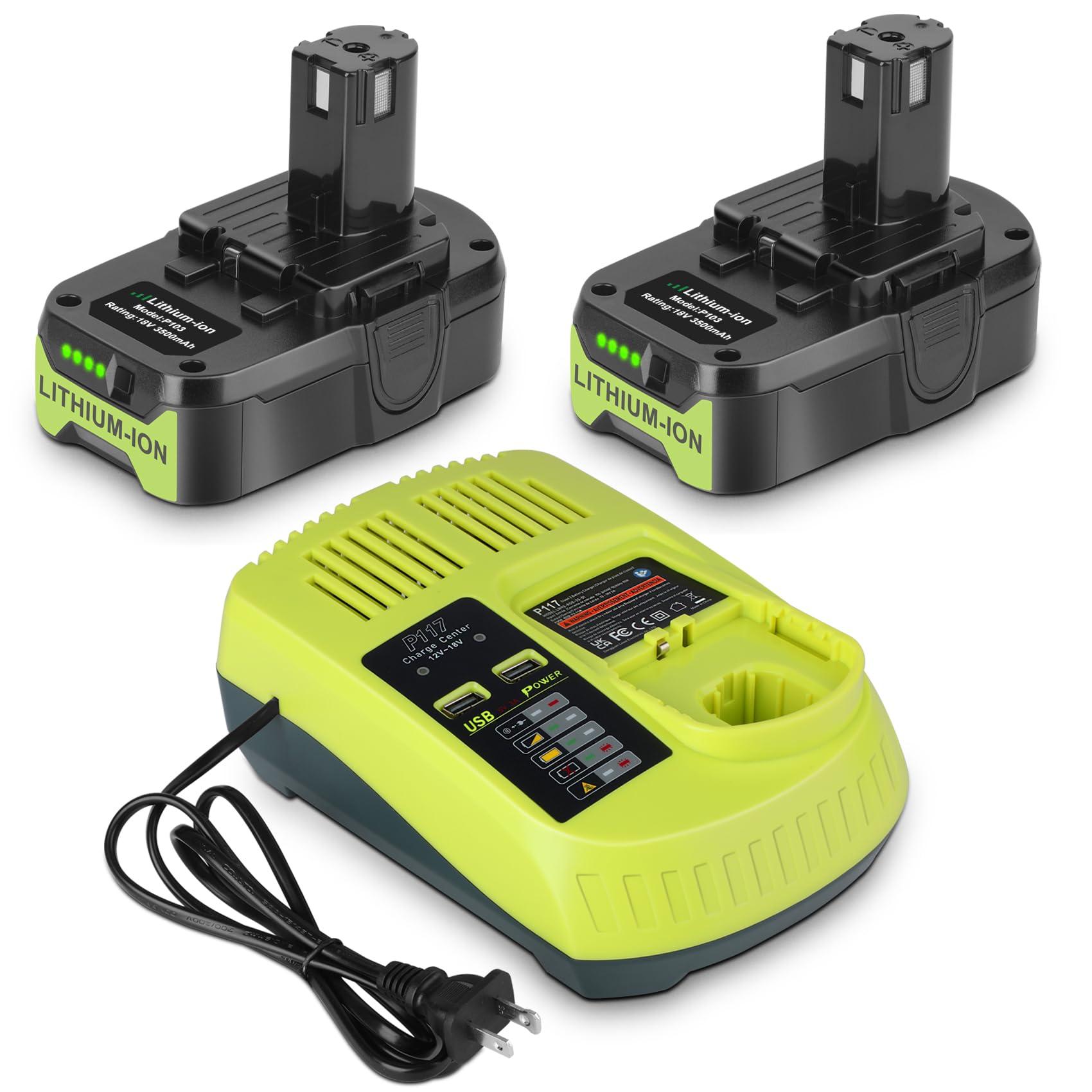 KUNLUN 2Pack 3.5Ah P102 Battery for Ryobi 18V Battery and P117 Charger Combo Compatible for Ryobi 18 Volt ONE+ P103 P104 P105 P107 P109 P190 P191 P122 Power Tools