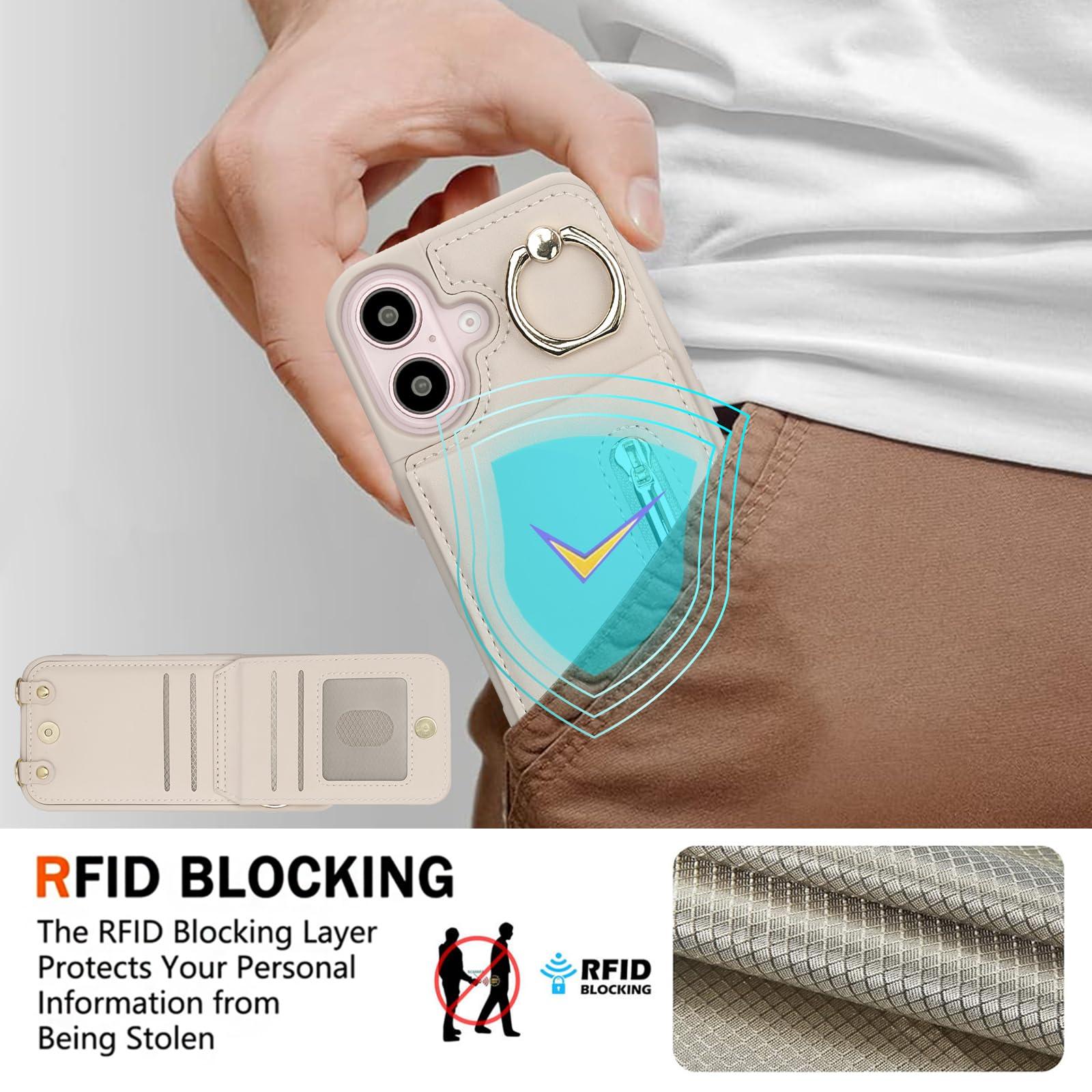Jcxtrombulous Crossbody Wallet Case for iPhone 16 with Lanyard Strap Card Slot Holder RFID Blocking 360° Ring Kickstand,Magnetic Flip Folio Zipper Purse Case, PU Leather Cover Handbag,Beige - Image 6