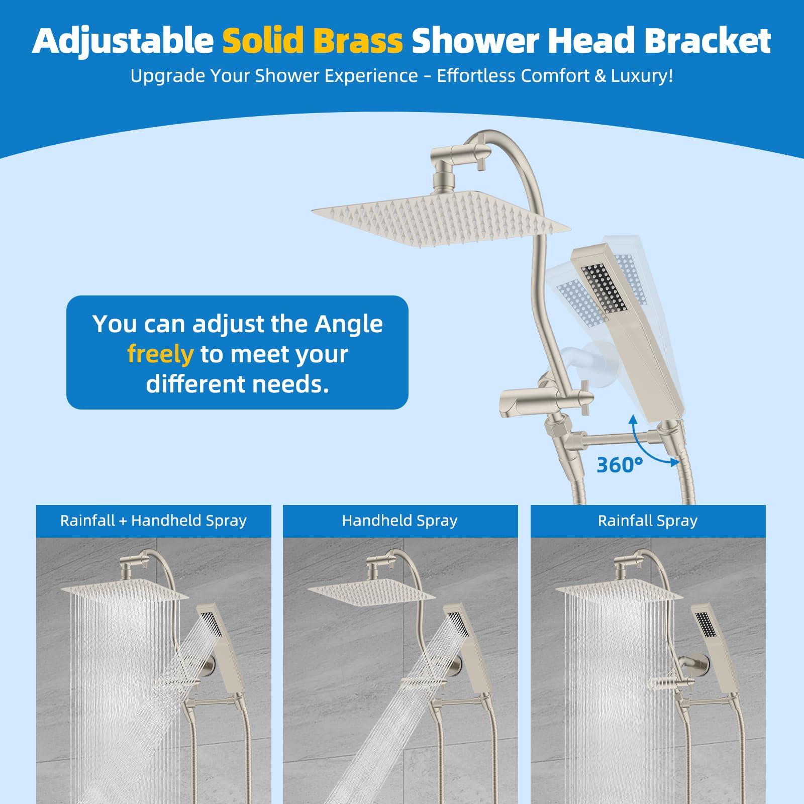 Hibbent All Metal Shower Head, 10'' High Pressure Rainfall Shower Head, Showerhead Combo, Handheld Shower Wand, 12'' Adjustable Curved Extension Arm, 71'' Hose, Shower Head Holder, Brushed Nickel - Image 8