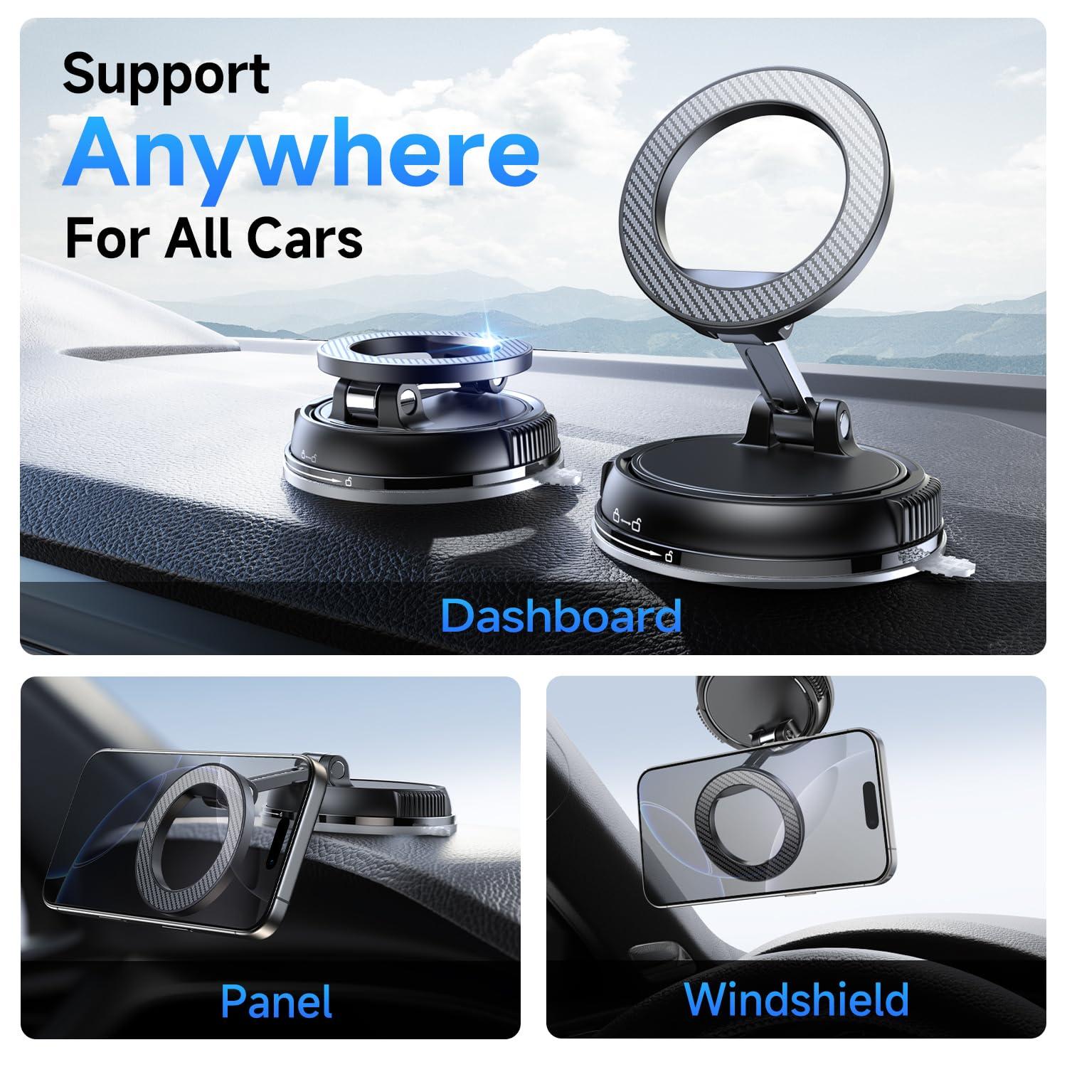 Car Phone Holder for Magsafe [78+LBS Strongest Suction & 2400gf Strongest Magnetic] 360° Adjustable Car Phone Mount, Phone Holders for Your Car for iPhone 16 Pro Max 15 14 13 12 Plus (Carbon Fiber) - Image 2