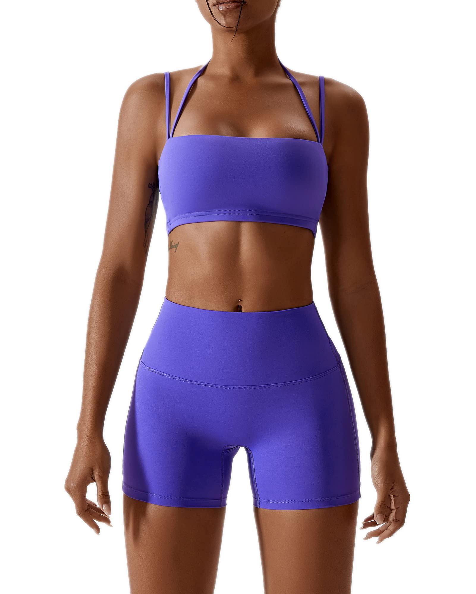ABOCIW Workout Sets for Women 2 Piece Twist Front Halter Sports Bras High Waist Biker Shorts Exercise Gym Yoga Outfit
