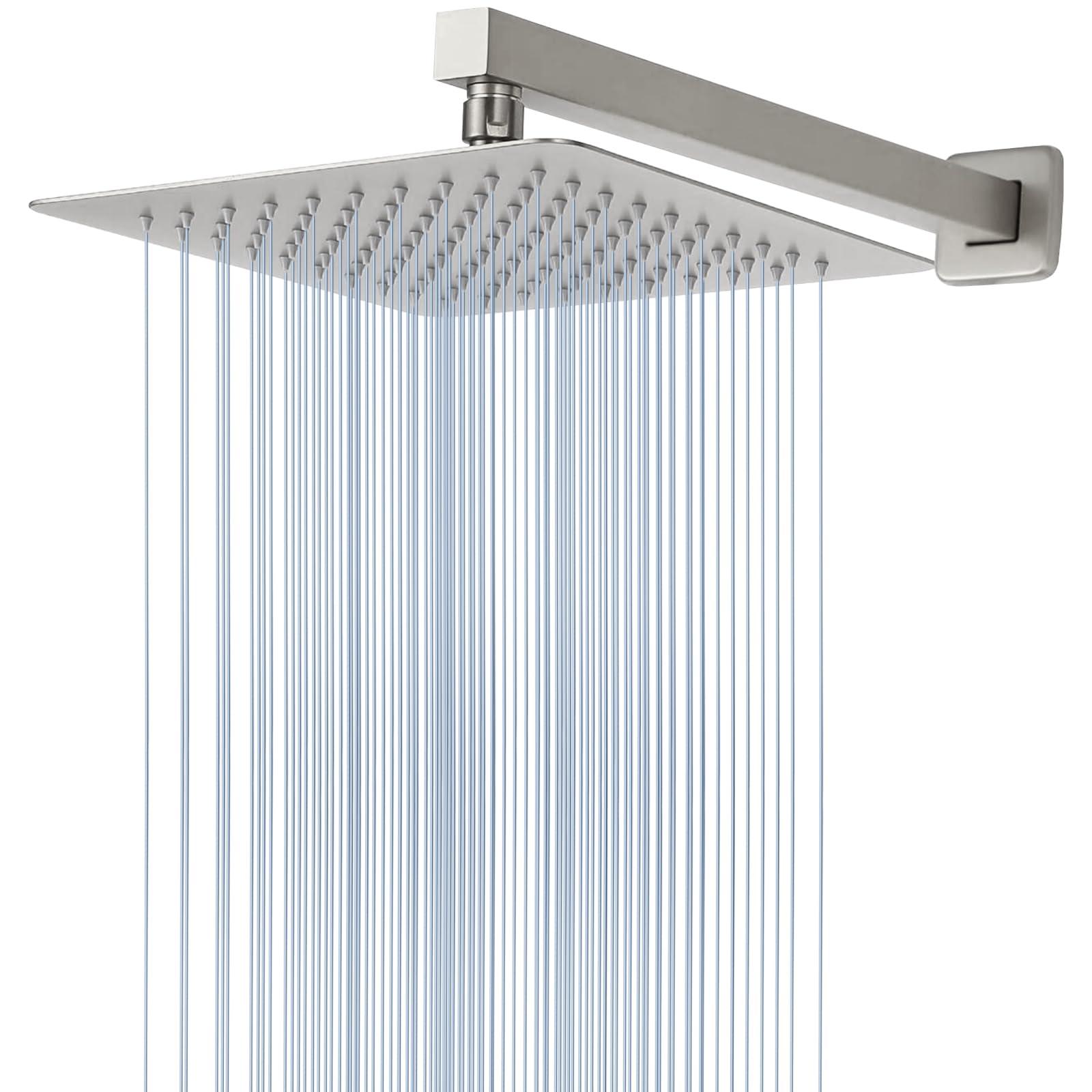 Voolan All Metal Shower Head with Extension Arm, Stainless Steel Waterfall Rainfall Showerheads, High Flow Bathroom Square Rain Shower Head (10’’ Shower Head with 16’’ Shower Arm, Brushed Nickel)
