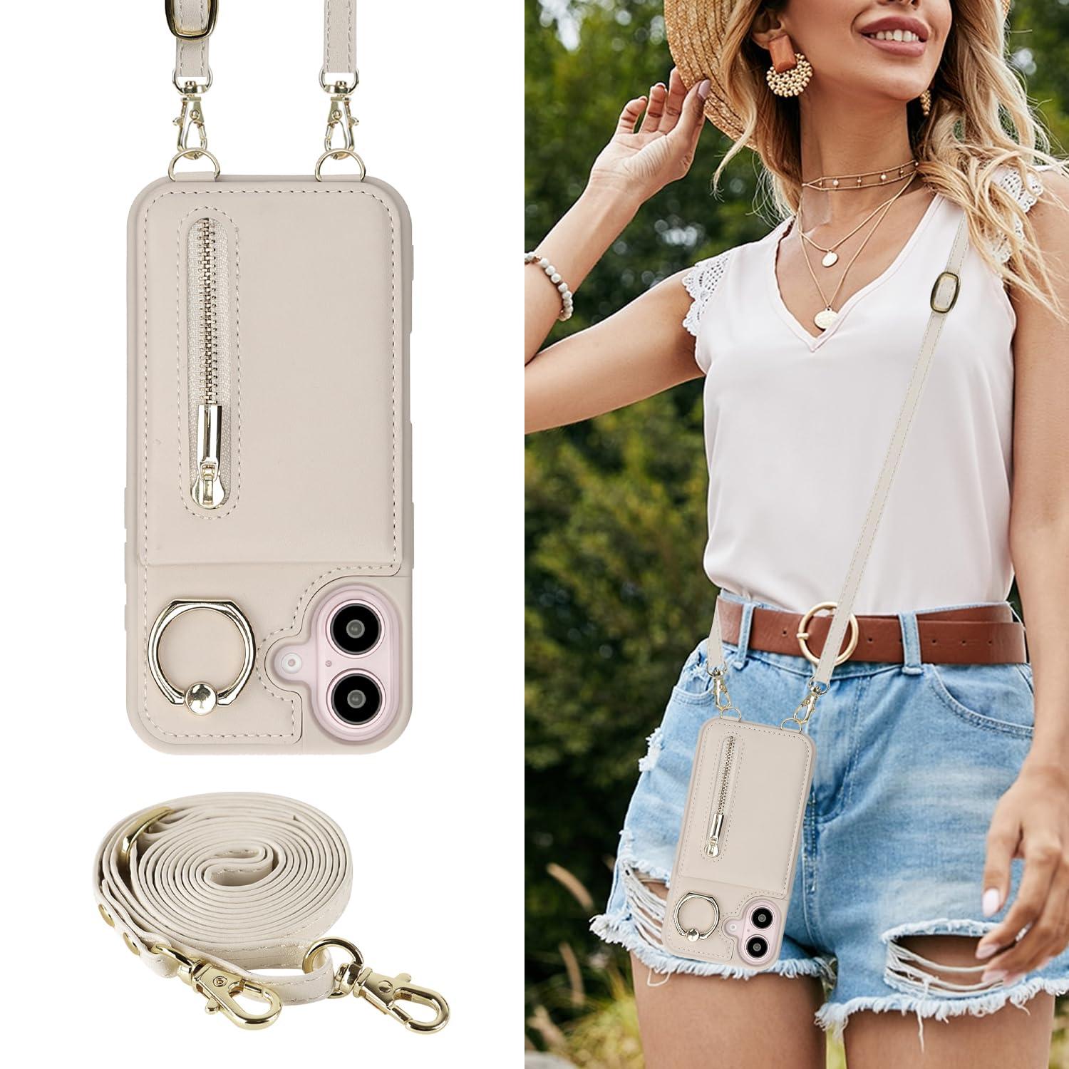 Jcxtrombulous Crossbody Wallet Case for iPhone 16 with Lanyard Strap Card Slot Holder RFID Blocking 360° Ring Kickstand,Magnetic Flip Folio Zipper Purse Case, PU Leather Cover Handbag,Beige - Image 3