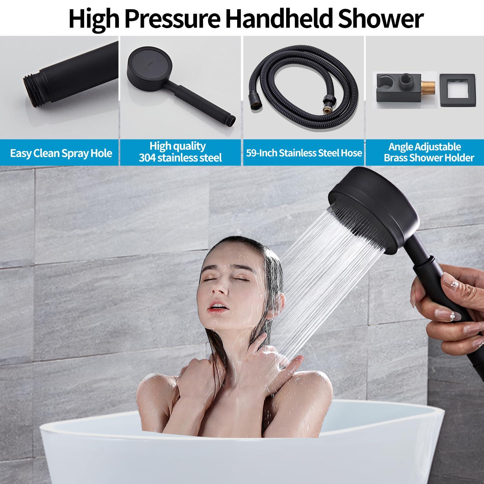 RTTWYYUU Matte Black Shower System With Tub Spout Faucet Set, Wall Mounted 10 Inch Shower Heads with Handheld Spray Combo and Tub Shower Faucet, Luxury Bathroom Square Rain Shower System - 4 Hooks - Image 3