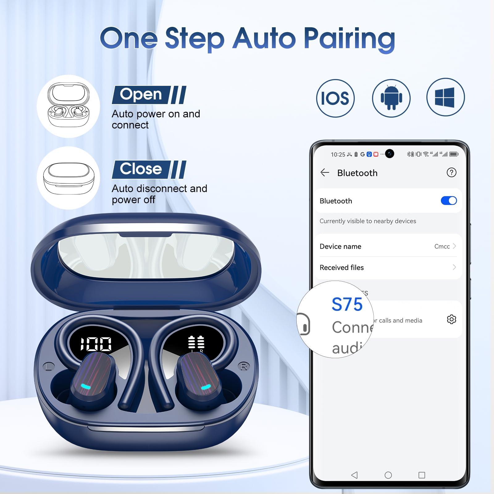 OYIB Wireless Earbuds Bluetooth 5.4 Headphones Sport, Stereo Deep Bass Bluetooth Earbuds with Earhooks, 50H Over Ear Bud with ENC Mic, IP7 Waterproof Wireless Earphone for Workout/Running, Navy Blue - Image 5