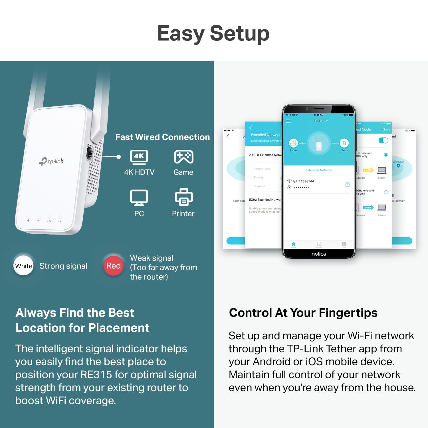 TP-Link AC1200 WiFi Extender, 2025 Wirecutter Best WiFi Extender, 1.2Gbps home signal booster, Dual Band 5GHz/2.4GHz, Up to 1600 Sq.ft and 32 Devices, EasyMesh Compatible, One Ethernet Port (RE315) - Image 7