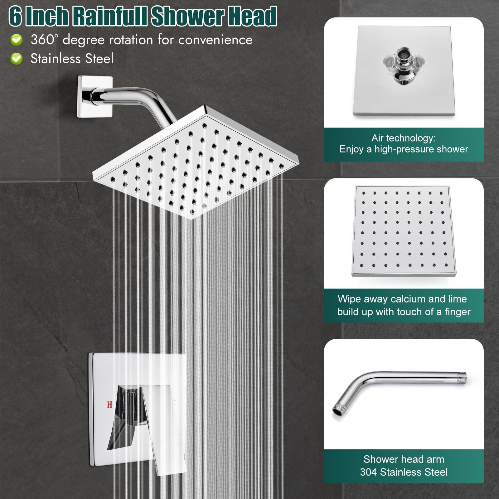 Heyalan Bathtub Shower Faucet Set,6 Inch Square Shower Trim Kit Single Handle Shower System,Showerhead and Handle Set Male Thread Pressure Balance Valve,With Tub Spout,Polished Chrome - Image 4