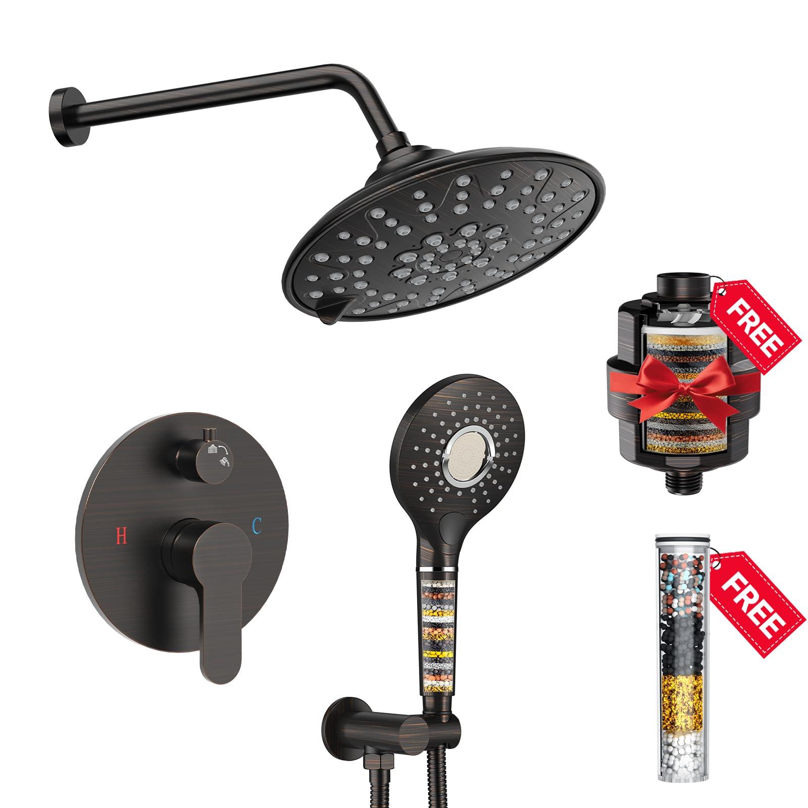 SunCleanse Shower System - 8 Inch Dual Filtered Rainfall Shower Head Combo - High Pressure 3 Spray Mode Showerhead-Included Rough in Valve and Trim Kit - Oil Rubbed Bronze