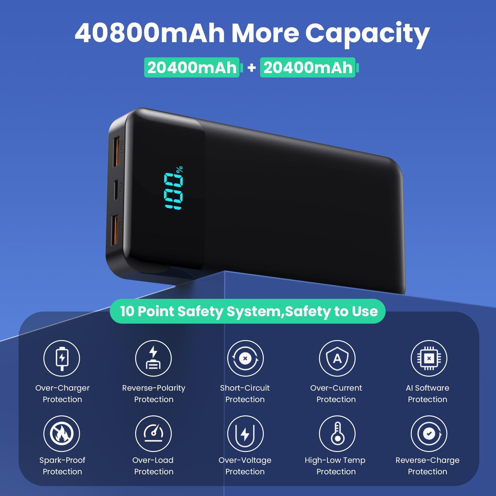Portable Charger 40800mAh Power Bank with 3 Built-in Cable,25W PD USB C in&Out Power Bank Fast Phone Charging,QC4.0 LED Display Portable Battery Pack Compatible with iPhone 16/15, Galaxy Android-Black - Image 5